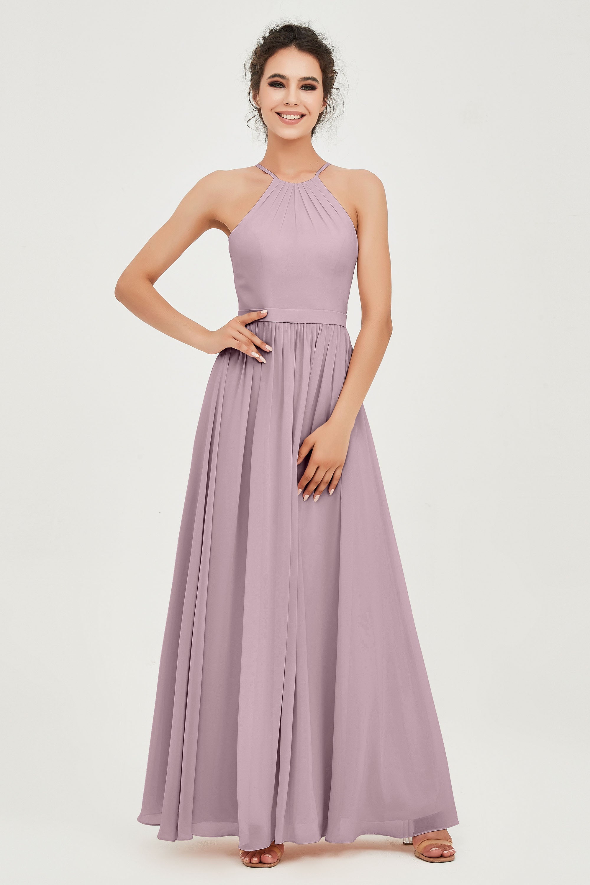 Halter Neck Elegant Bridesmaid Chiffon Dresses Sleeveless Formal Evening Dress Gowns