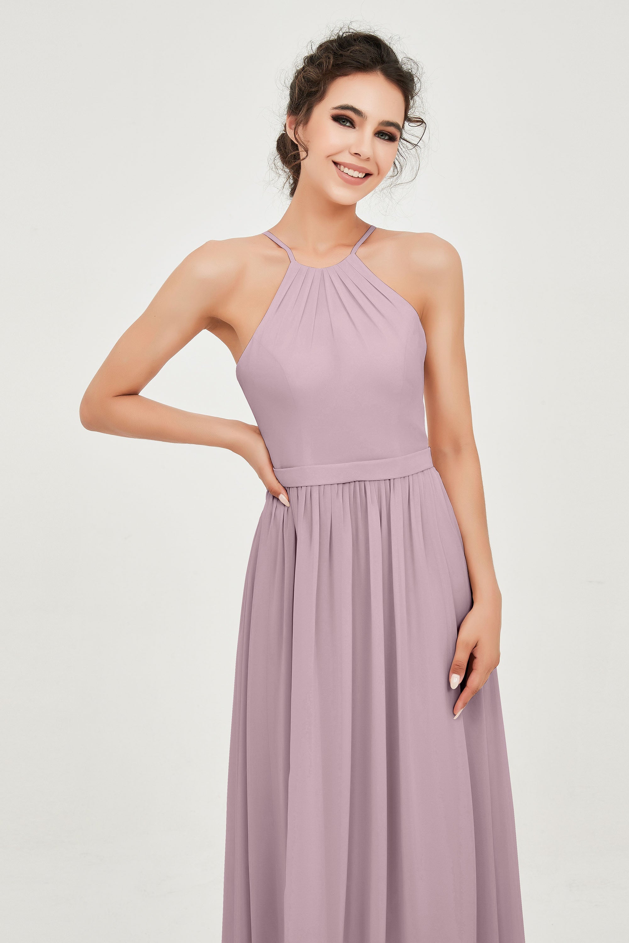 Halter Neck Elegant Bridesmaid Chiffon Dresses Sleeveless Formal Evening Dress Gowns