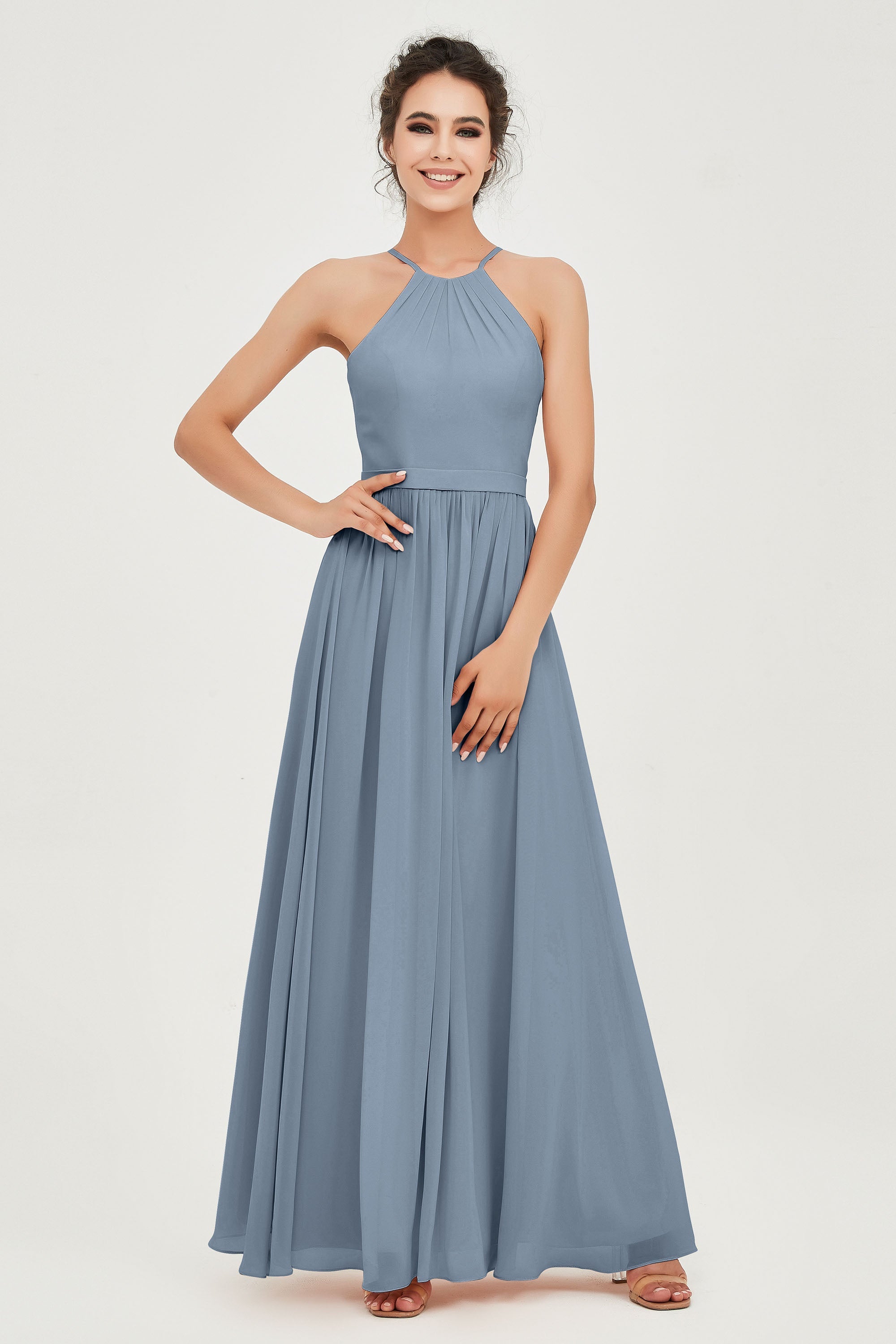Halter Neck Elegant Bridesmaid Chiffon Dresses Sleeveless Formal Evening Dress Gowns