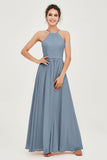 Halter Neck Elegant Bridesmaid Chiffon Dresses Sleeveless Formal Evening Dress Gowns