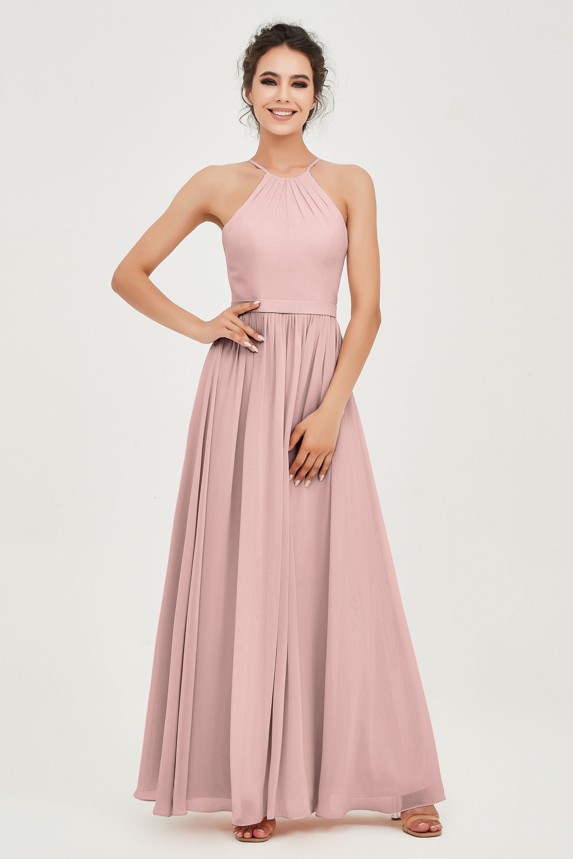 Halter Neck Elegant Bridesmaid Chiffon Dresses Sleeveless Formal Evening Dress Gowns