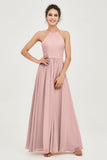Halter Neck Elegant Bridesmaid Chiffon Dresses Sleeveless Formal Evening Dress Gowns