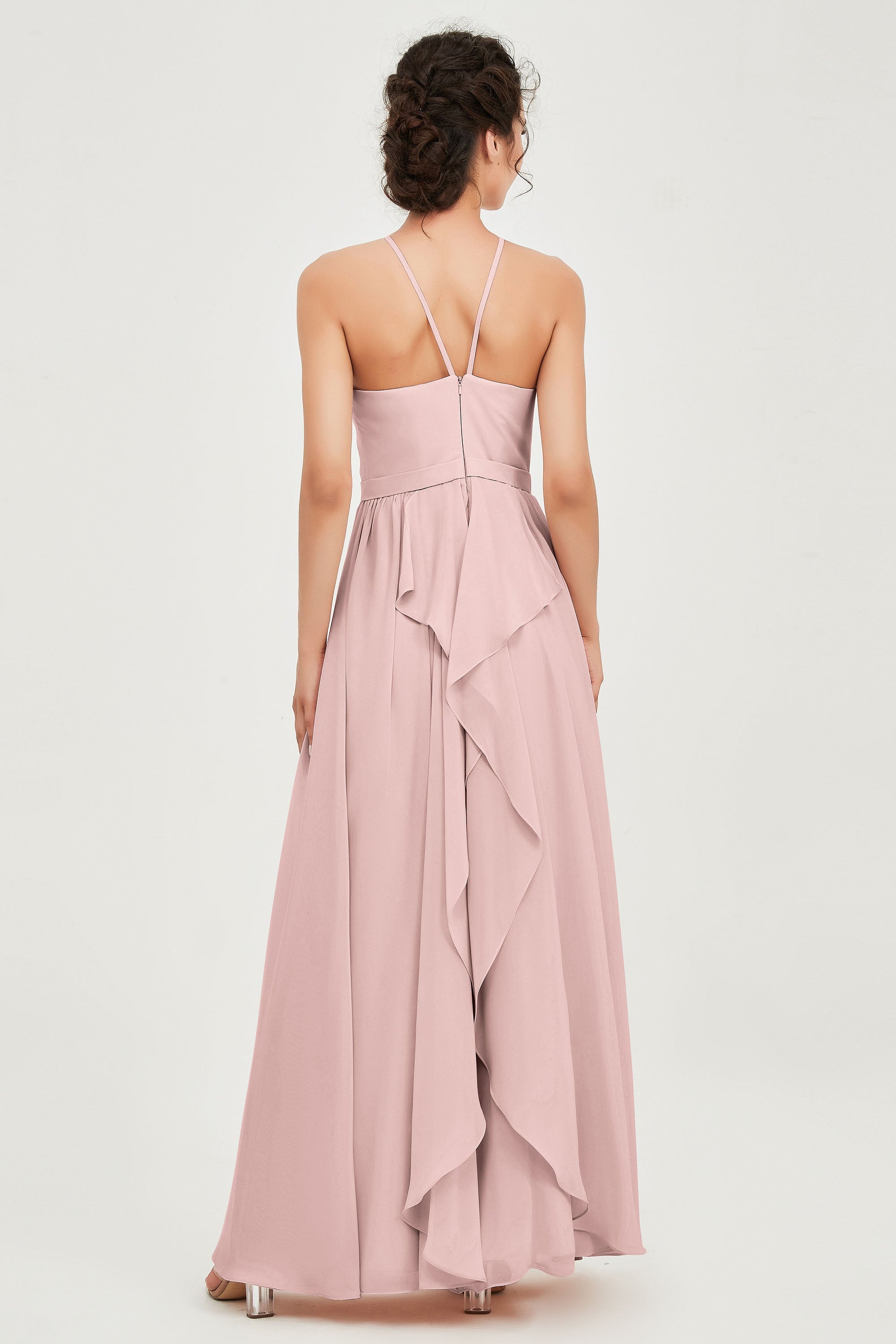 Halter Neck Elegant Bridesmaid Chiffon Dresses Sleeveless Formal Evening Dress Gowns