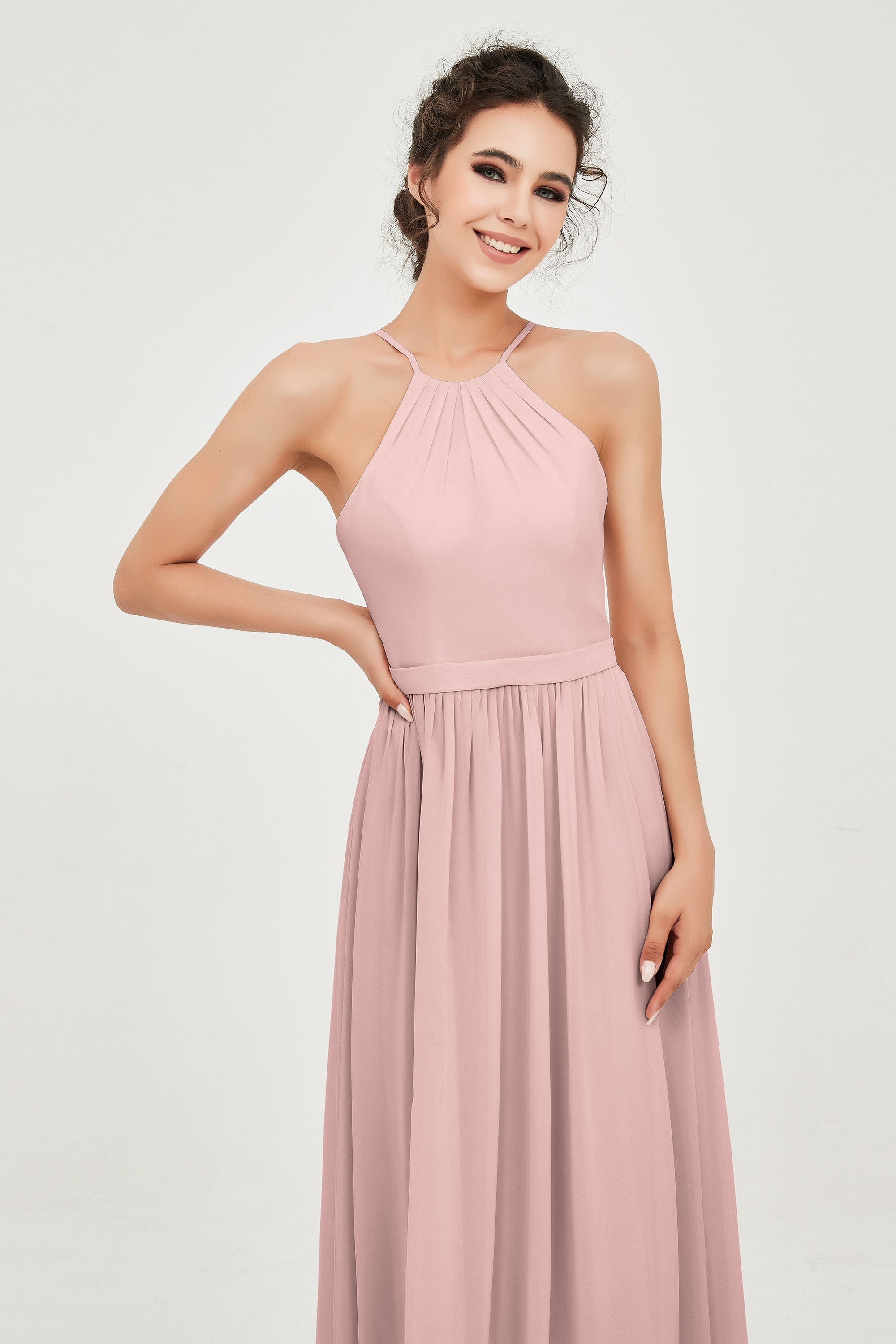Halter Neck Elegant Bridesmaid Chiffon Dresses Sleeveless Formal Evening Dress Gowns