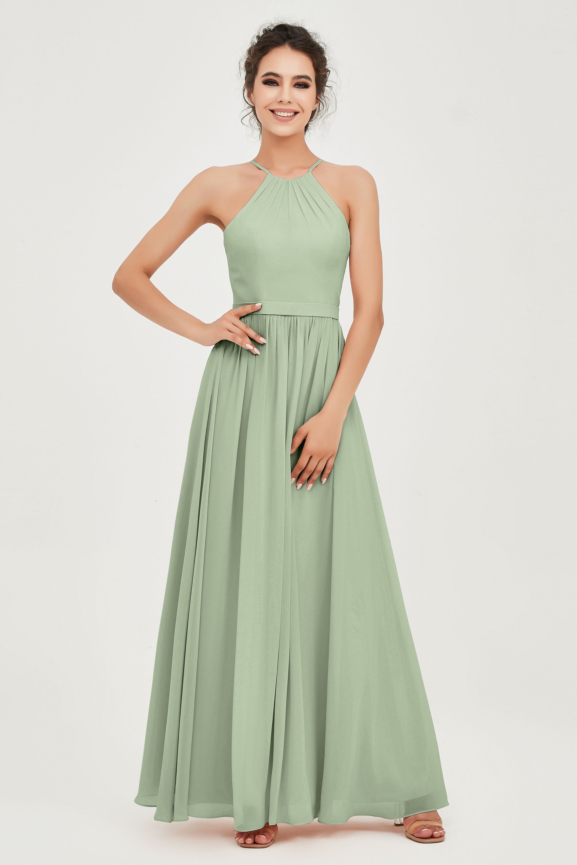 Halter Neck Elegant Bridesmaid Chiffon Dresses Sleeveless Formal Evening Dress Gowns
