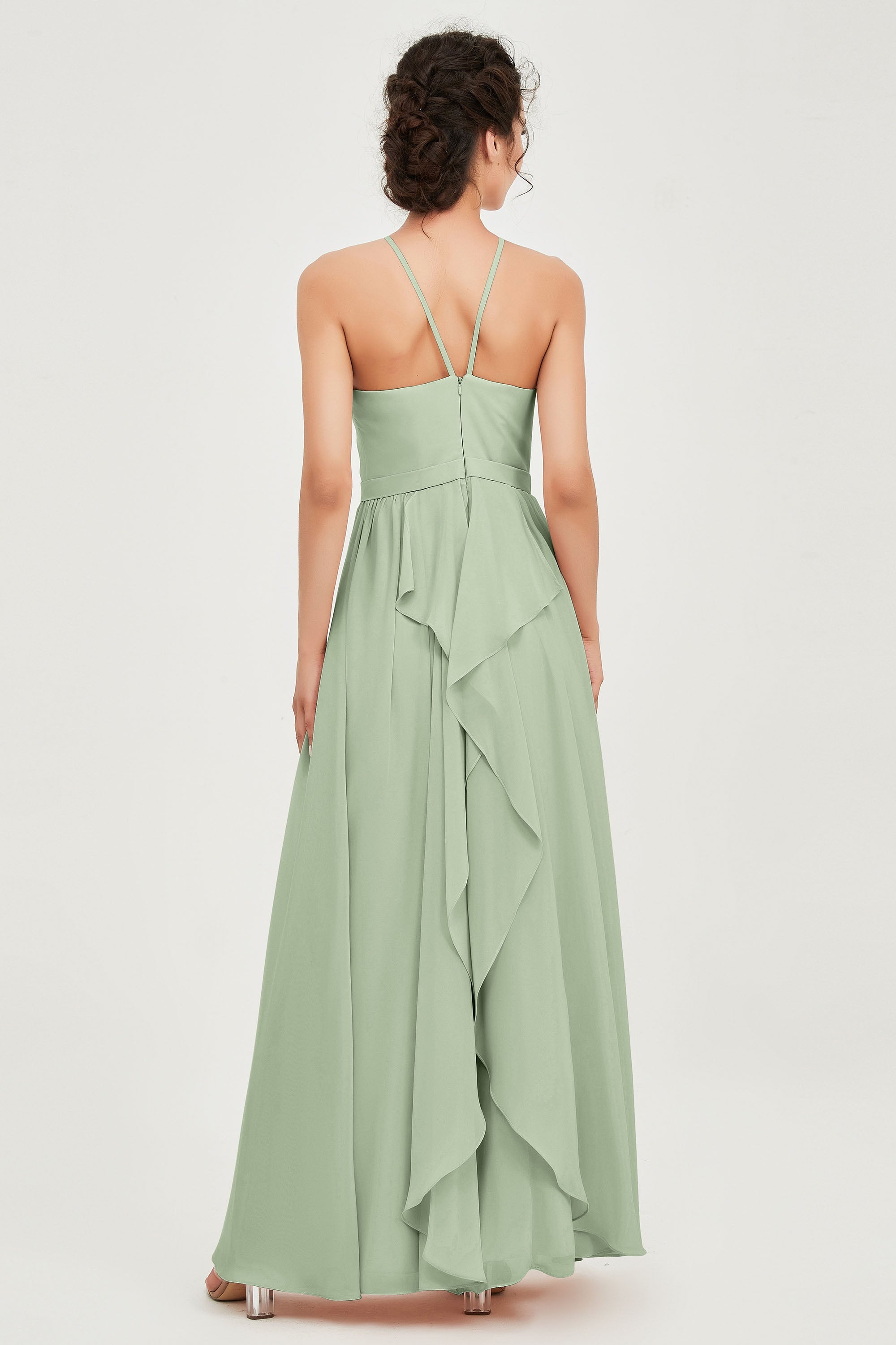 Halter Neck Elegant Bridesmaid Chiffon Dresses Sleeveless Formal Evening Dress Gowns