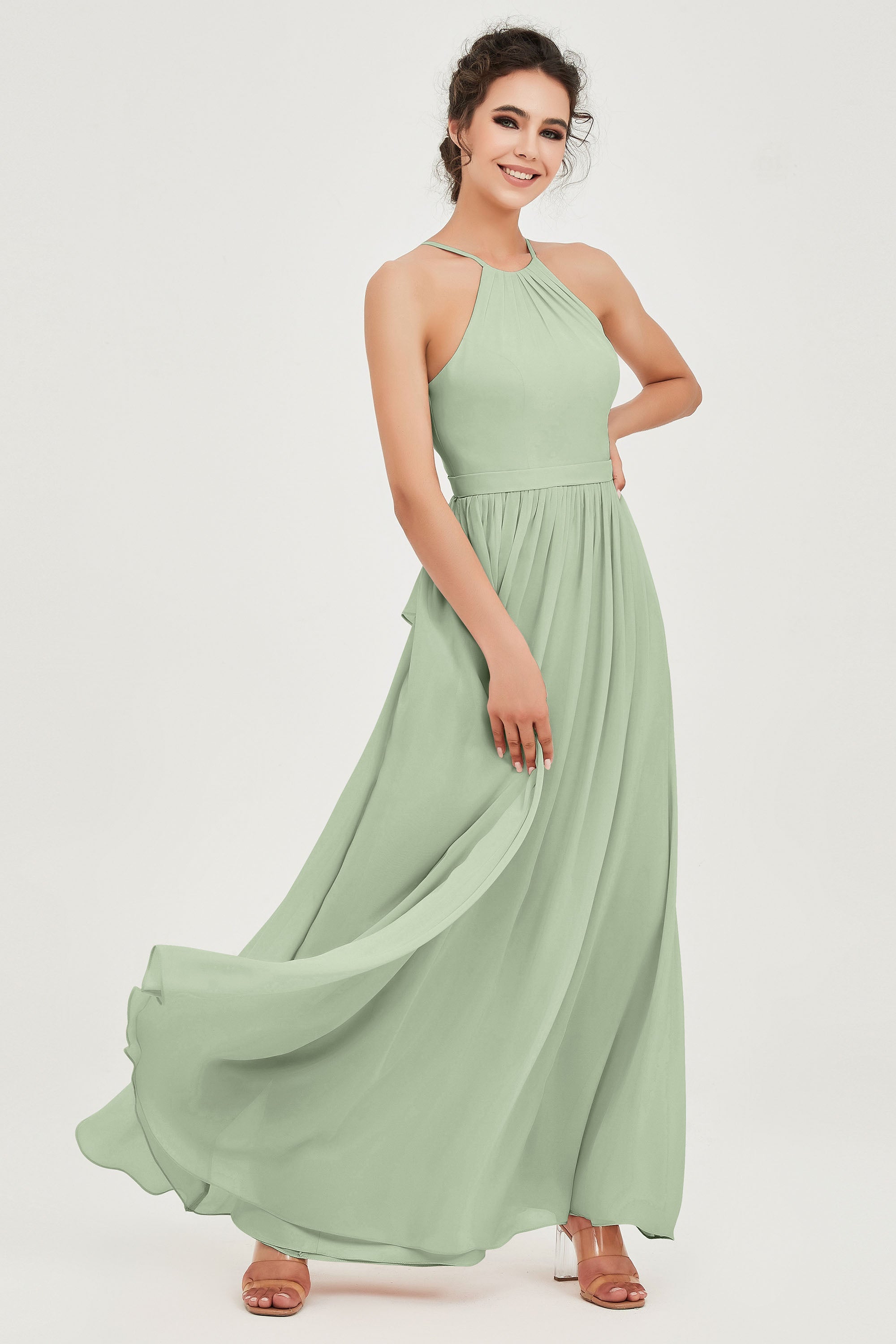 Halter Neck Elegant Bridesmaid Chiffon Dresses Sleeveless Formal Evening Dress Gowns