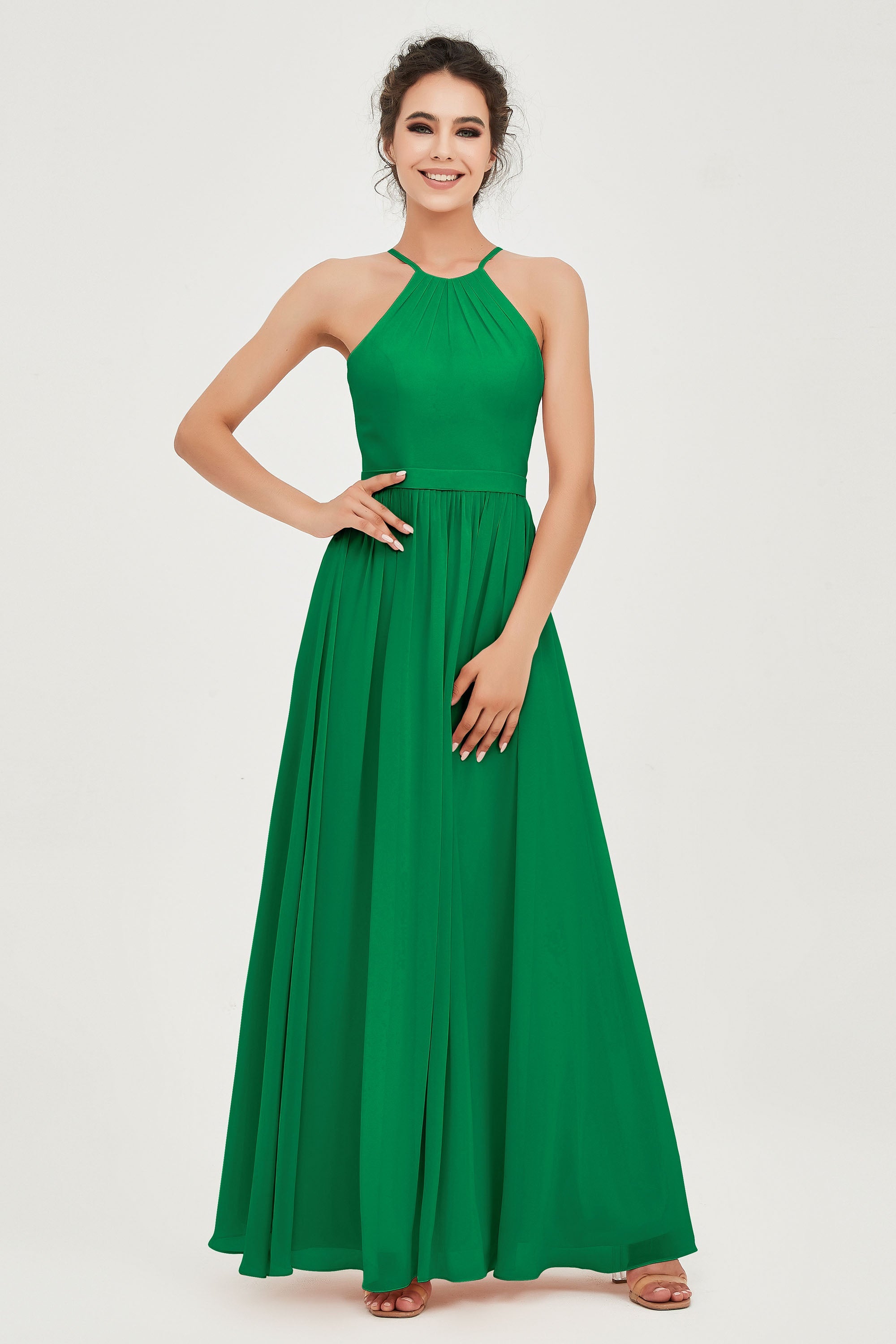 Halter Neck Elegant Bridesmaid Chiffon Dresses Sleeveless Formal Evening Dress Gowns