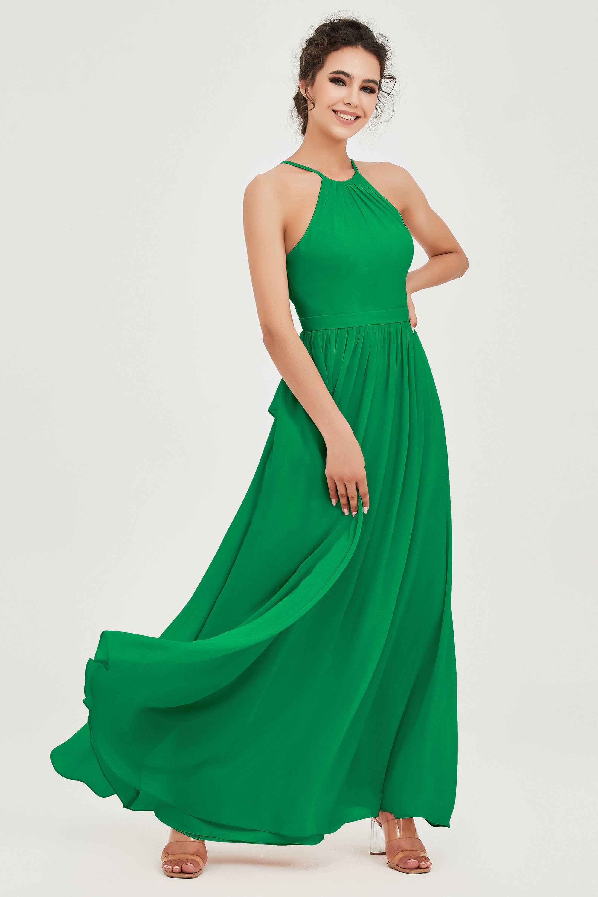 Halter Neck Elegant Bridesmaid Chiffon Dresses Sleeveless Formal Evening Dress Gowns