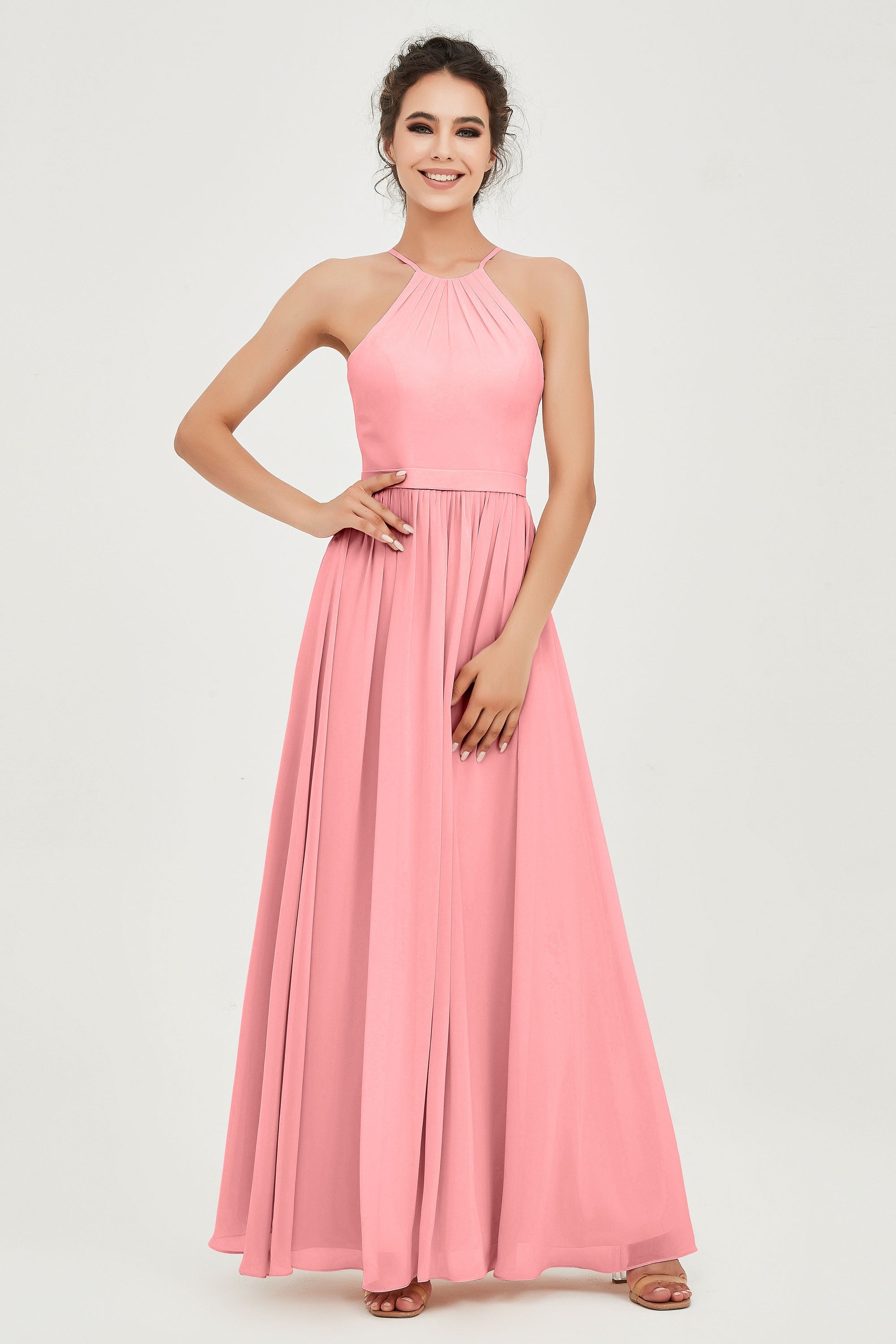 Halter Neck Elegant Bridesmaid Chiffon Dresses Sleeveless Formal Evening Dress Gowns