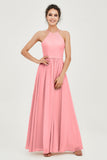 Halter Neck Elegant Bridesmaid Chiffon Dresses Sleeveless Formal Evening Dress Gowns
