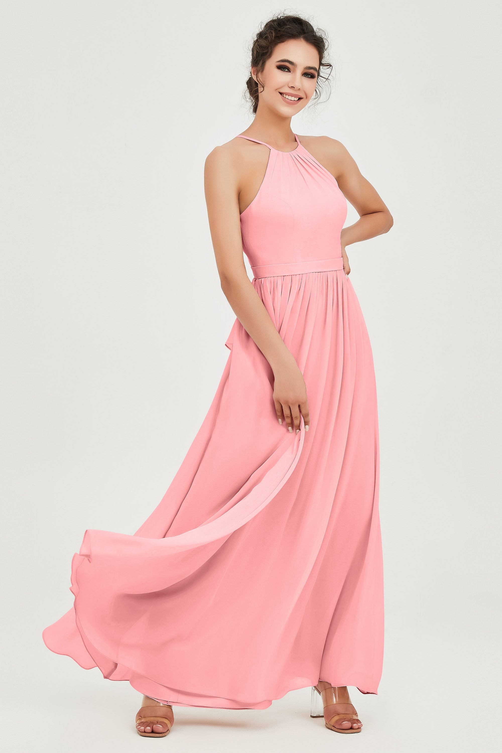 Halter Neck Elegant Bridesmaid Chiffon Dresses Sleeveless Formal Evening Dress Gowns