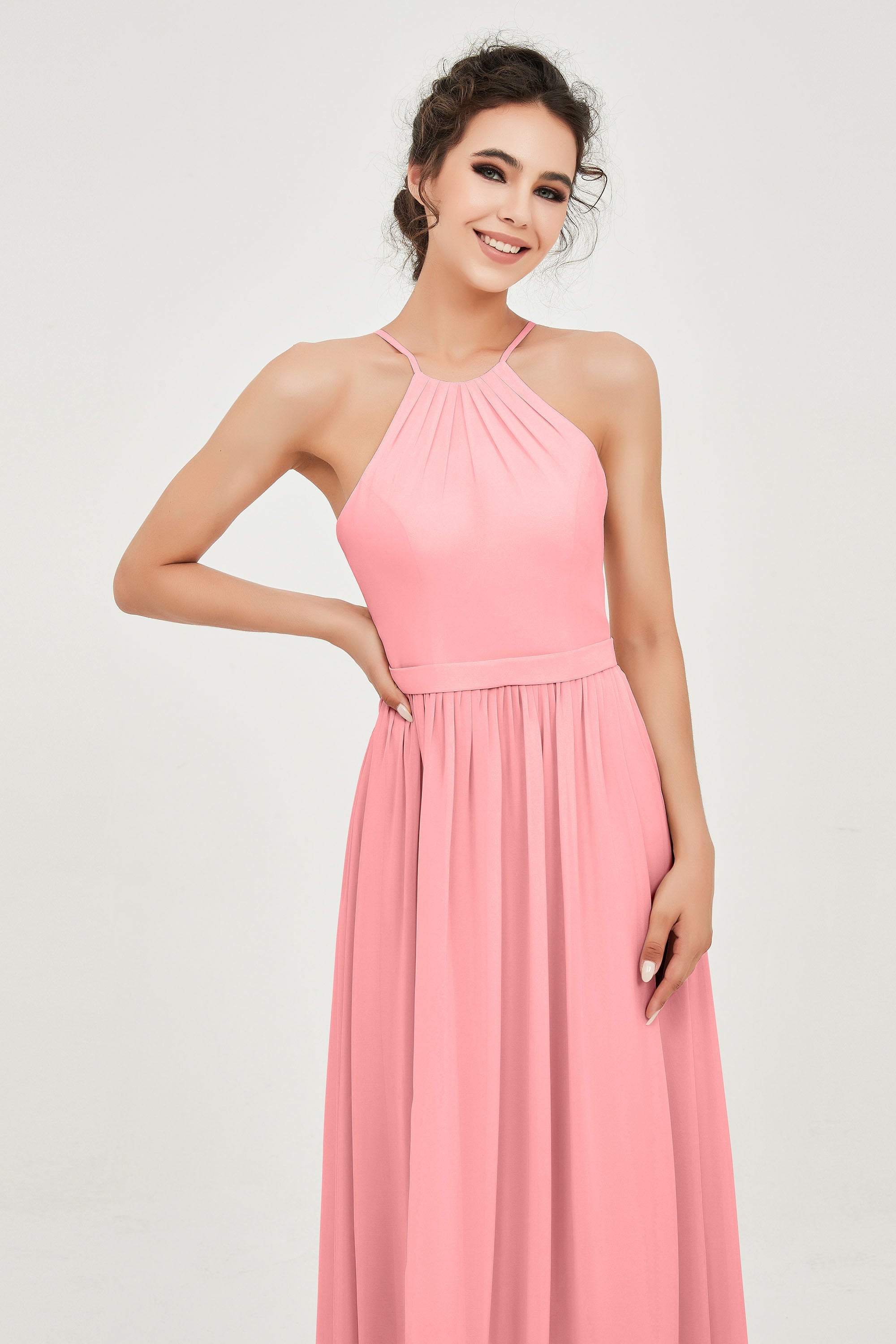 Halter Neck Elegant Bridesmaid Chiffon Dresses Sleeveless Formal Evening Dress Gowns