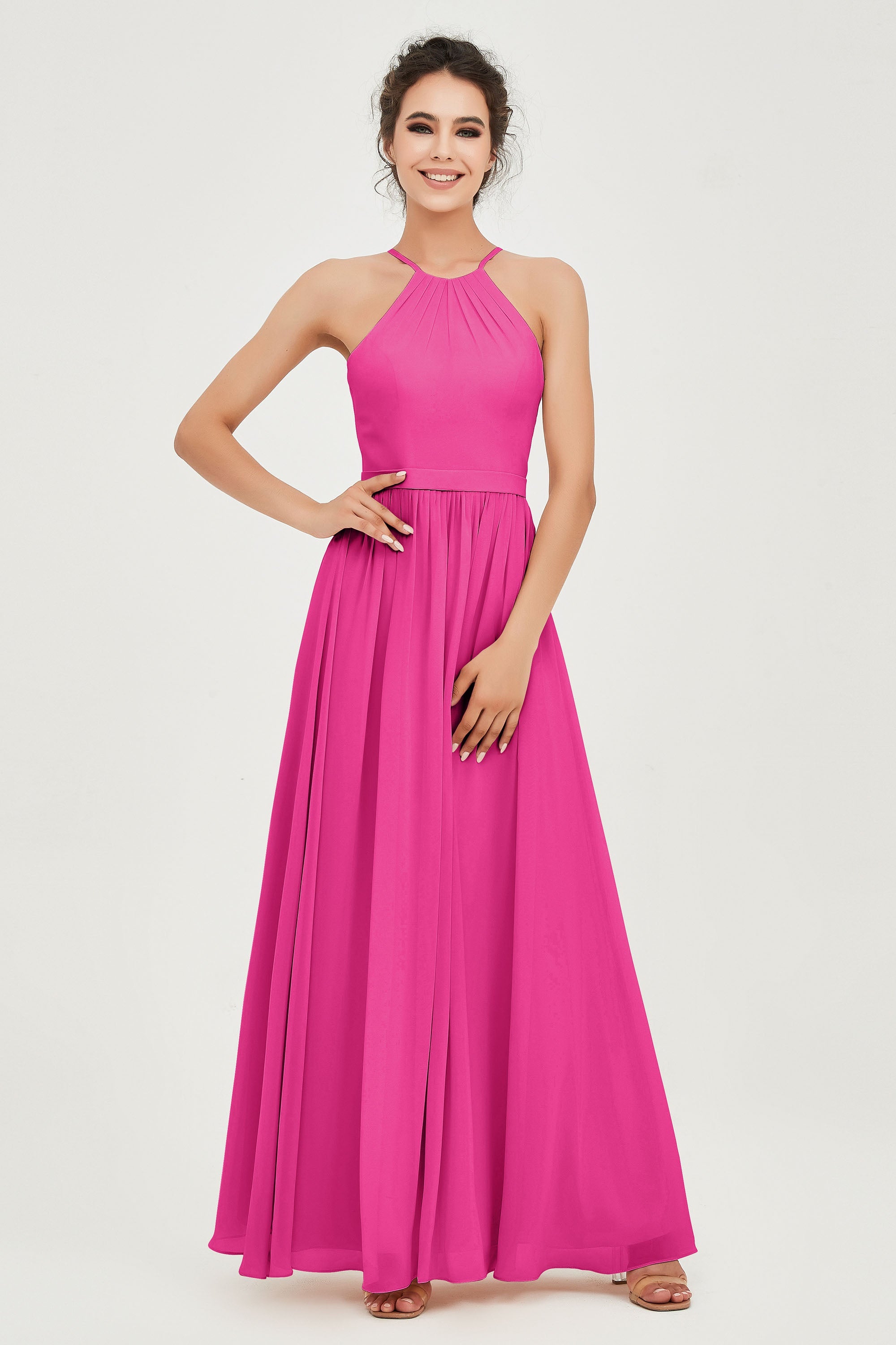 Halter Neck Elegant Bridesmaid Chiffon Dresses Sleeveless Formal Evening Dress Gowns