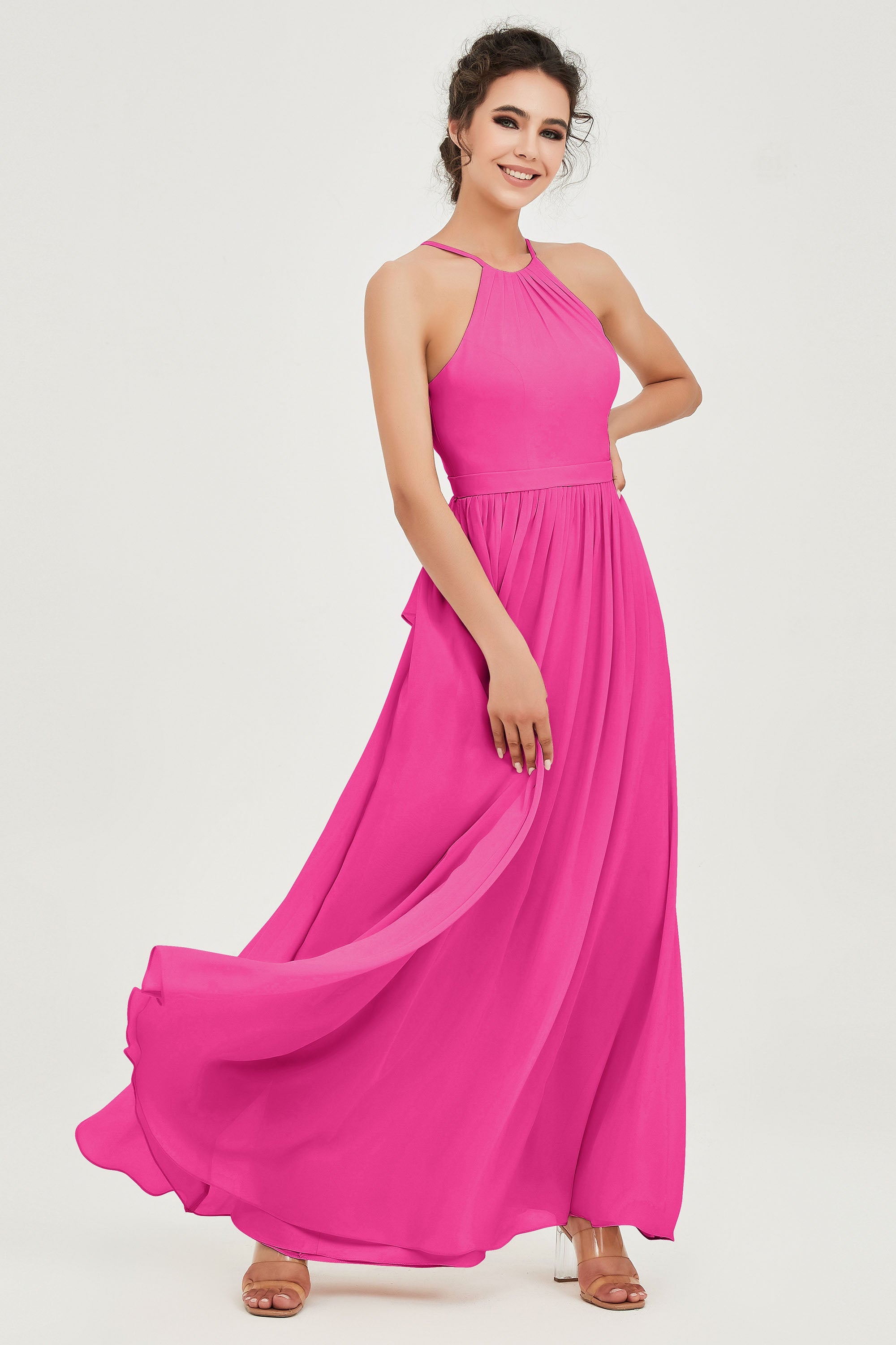 Halter Neck Elegant Bridesmaid Chiffon Dresses Sleeveless Formal Evening Dress Gowns
