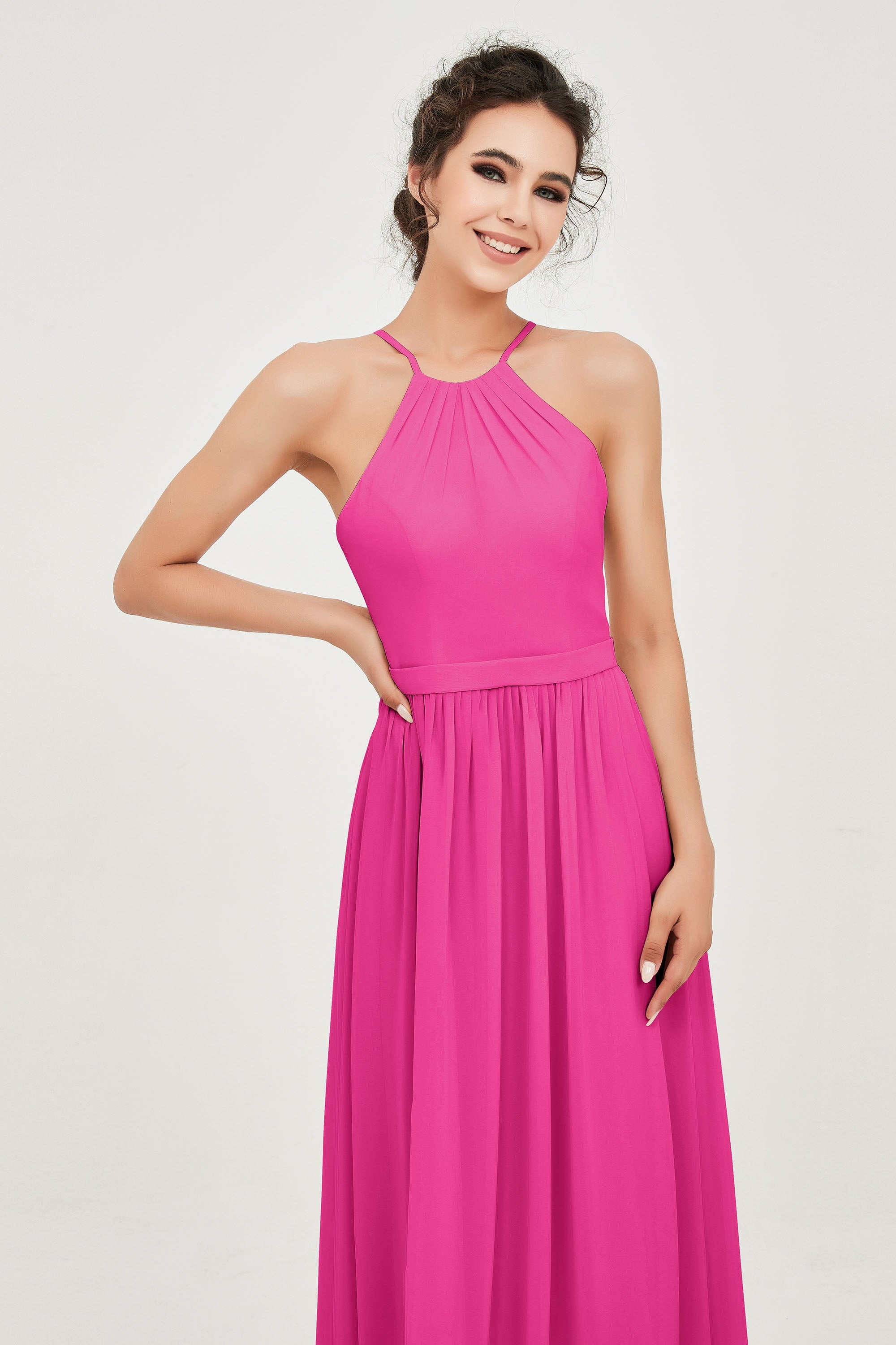 Halter Neck Elegant Bridesmaid Chiffon Dresses Sleeveless Formal Evening Dress Gowns