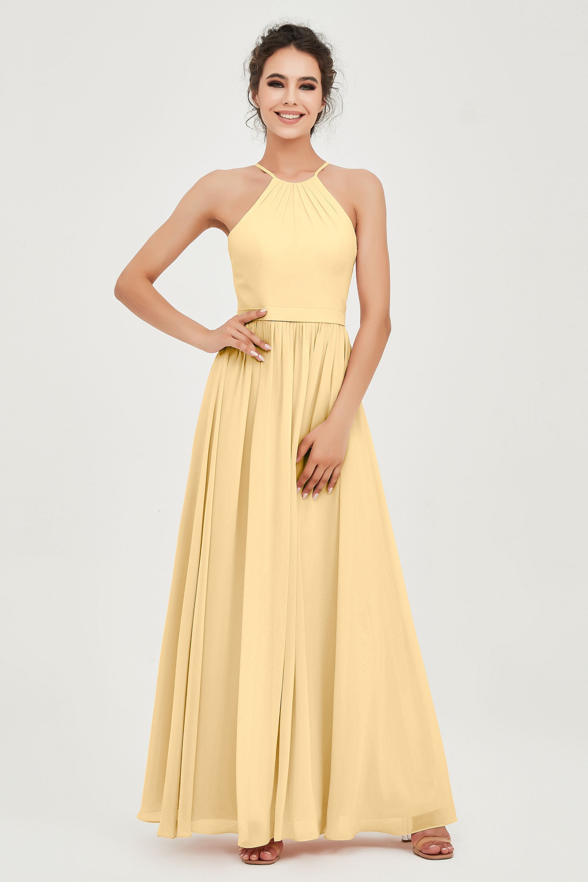 Halter Neck Elegant Bridesmaid Chiffon Dresses Sleeveless Formal Evening Dress Gowns