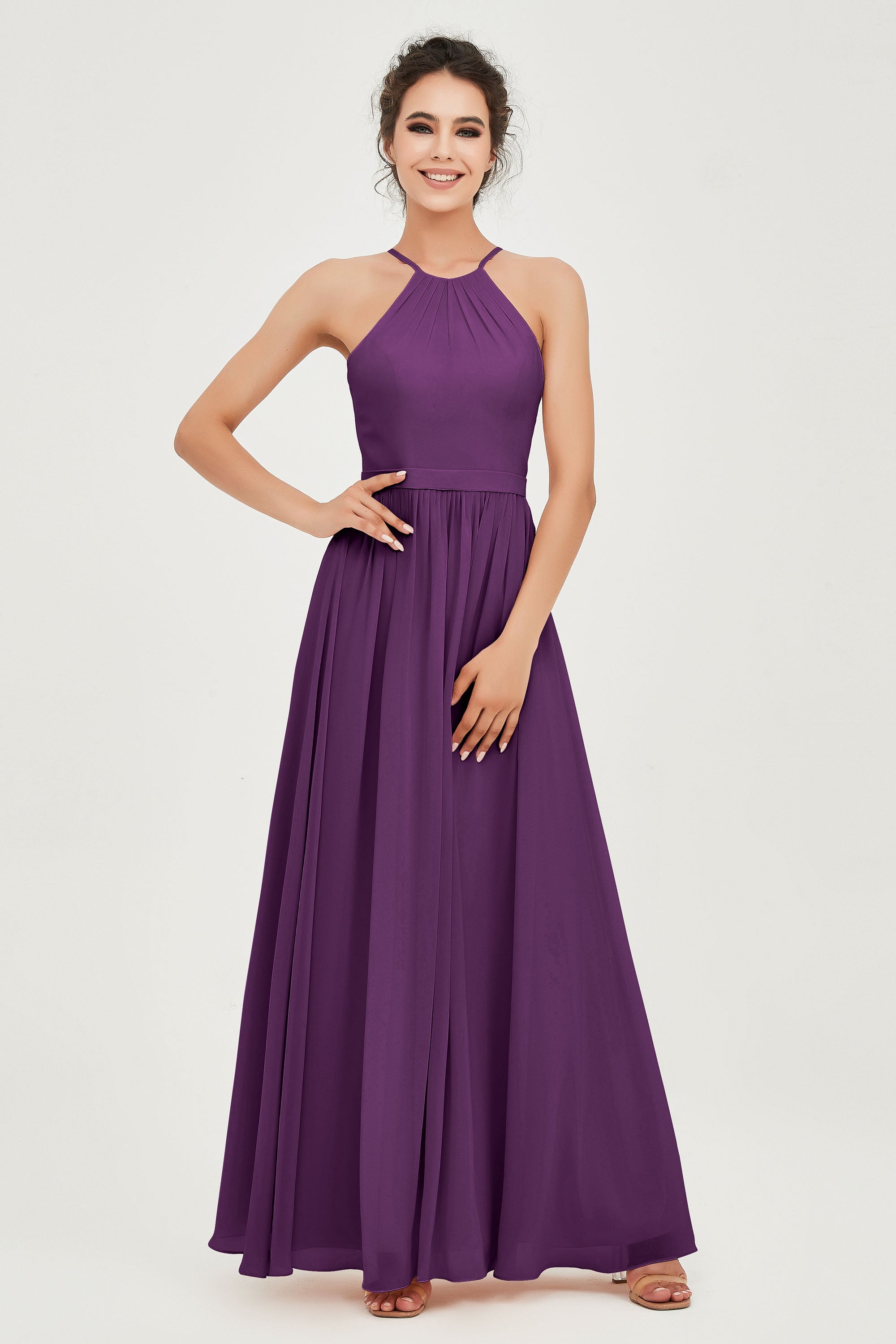 Halter Neck Elegant Bridesmaid Chiffon Dresses Sleeveless Formal Evening Dress Gowns
