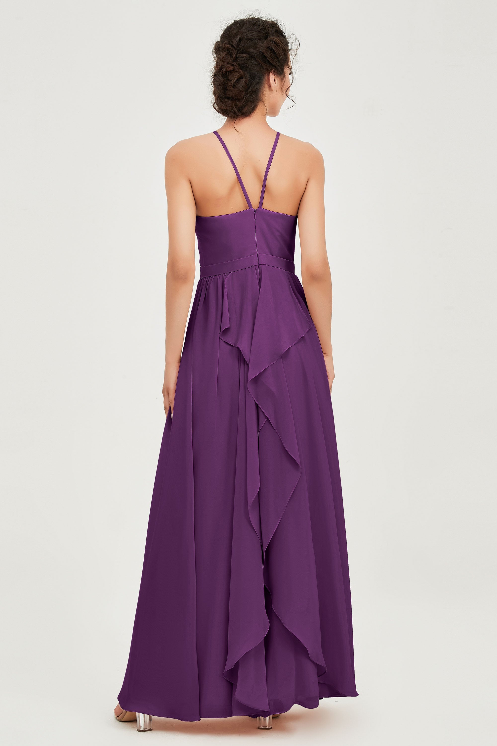 Halter Neck Elegant Bridesmaid Chiffon Dresses Sleeveless Formal Evening Dress Gowns