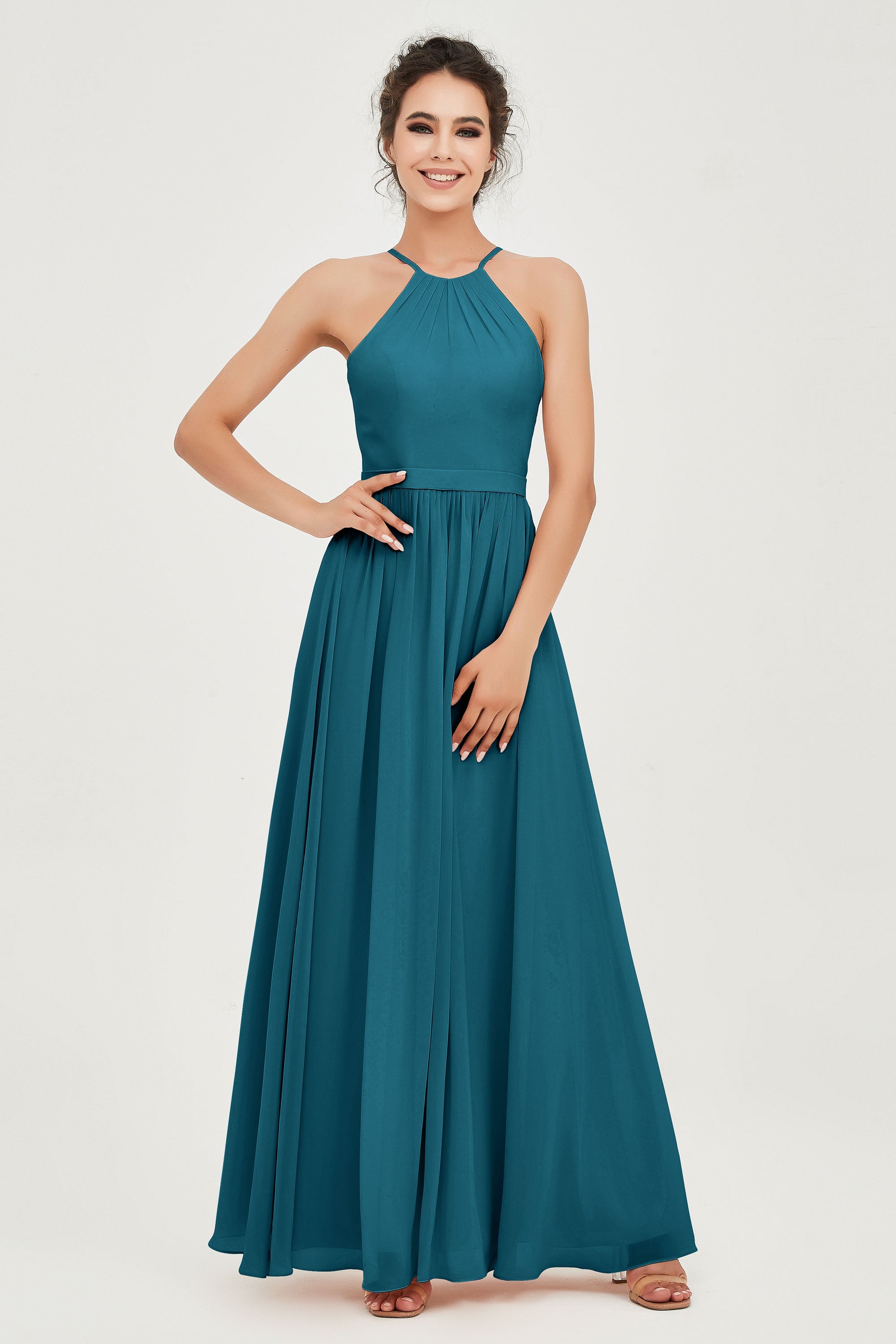 Halter Neck Elegant Bridesmaid Chiffon Dresses Sleeveless Formal Evening Dress Gowns
