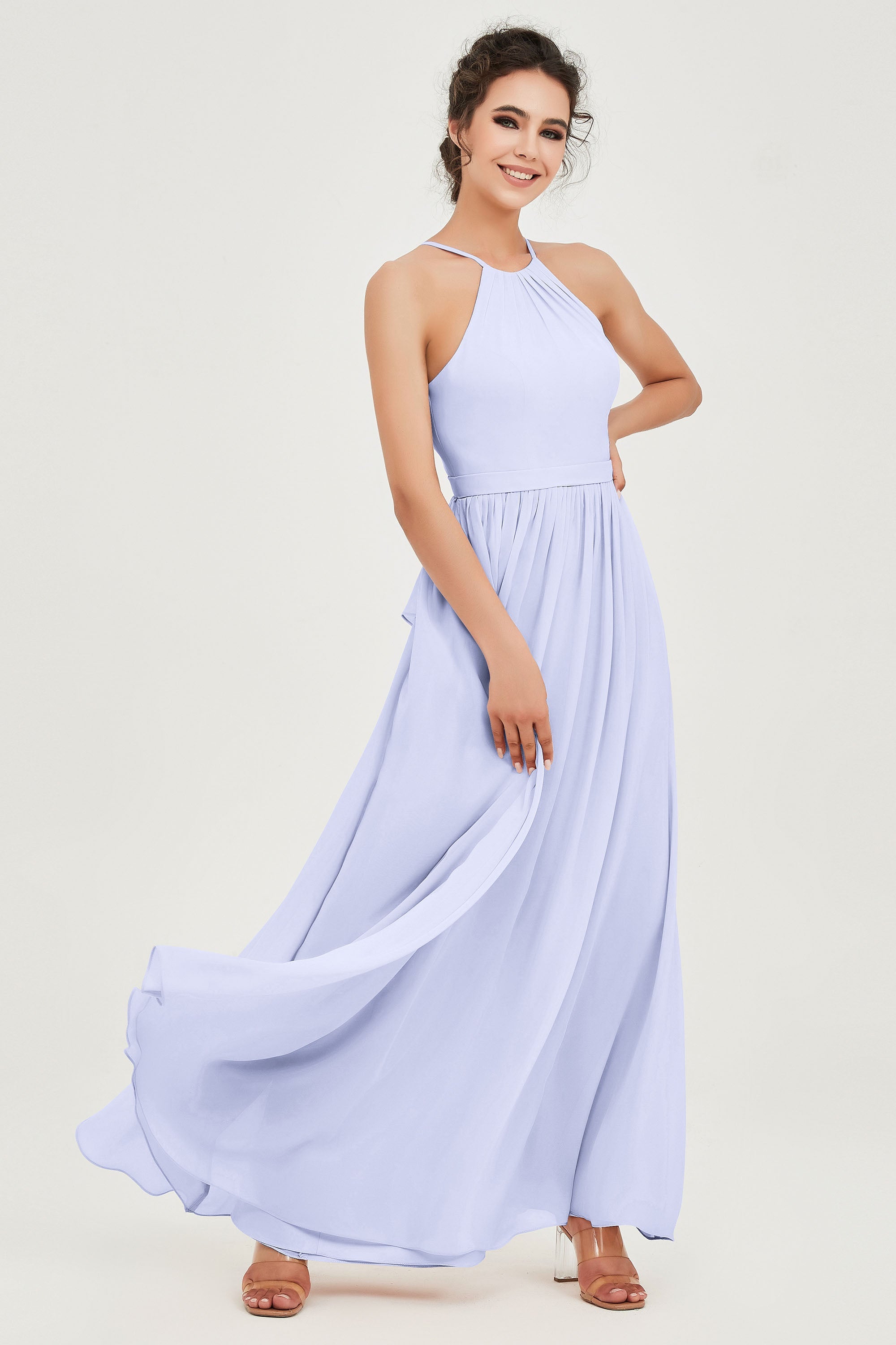 Halter Neck Elegant Bridesmaid Chiffon Dresses Sleeveless Formal Evening Dress Gowns