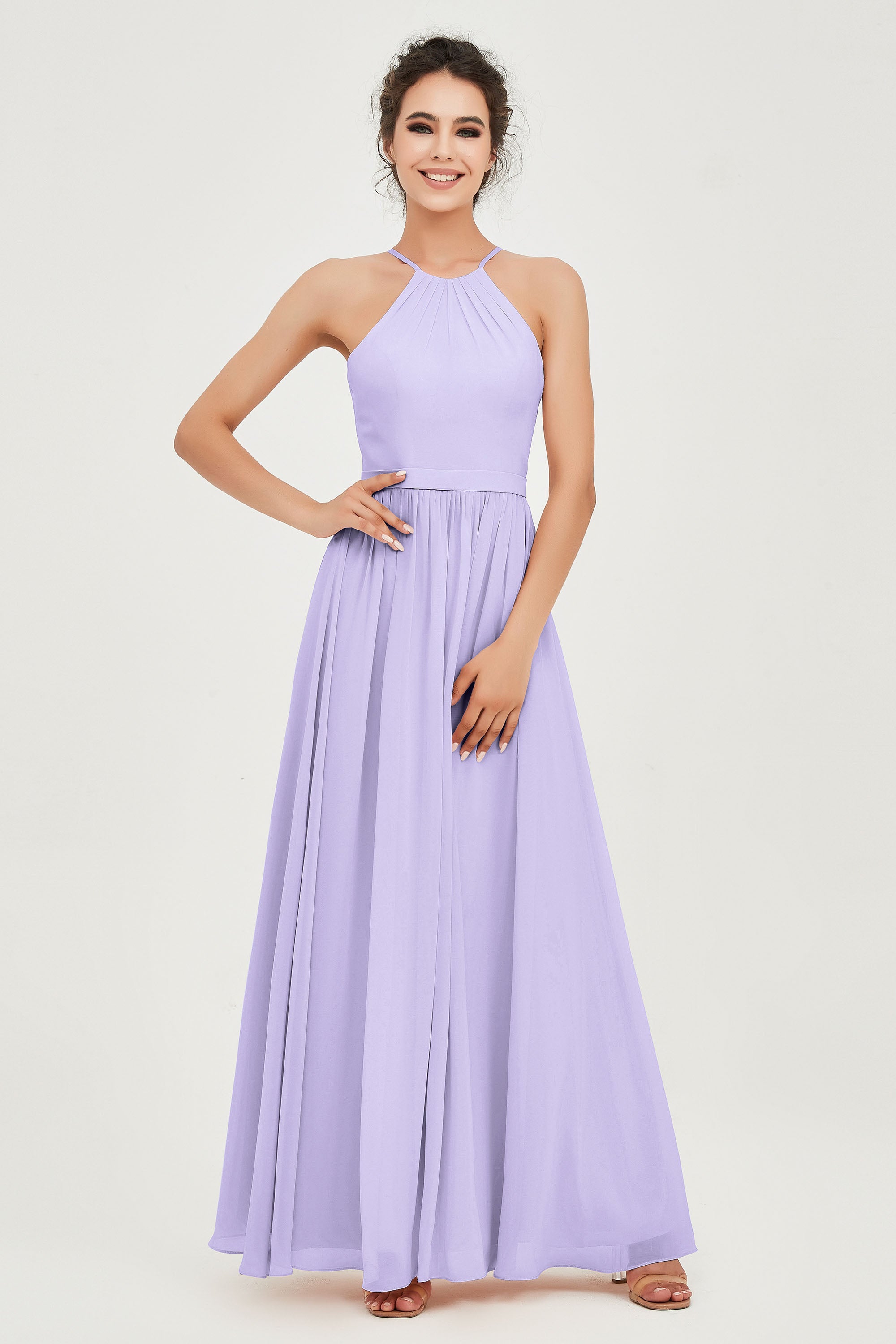 Halter Neck Elegant Bridesmaid Chiffon Dresses Sleeveless Formal Evening Dress Gowns