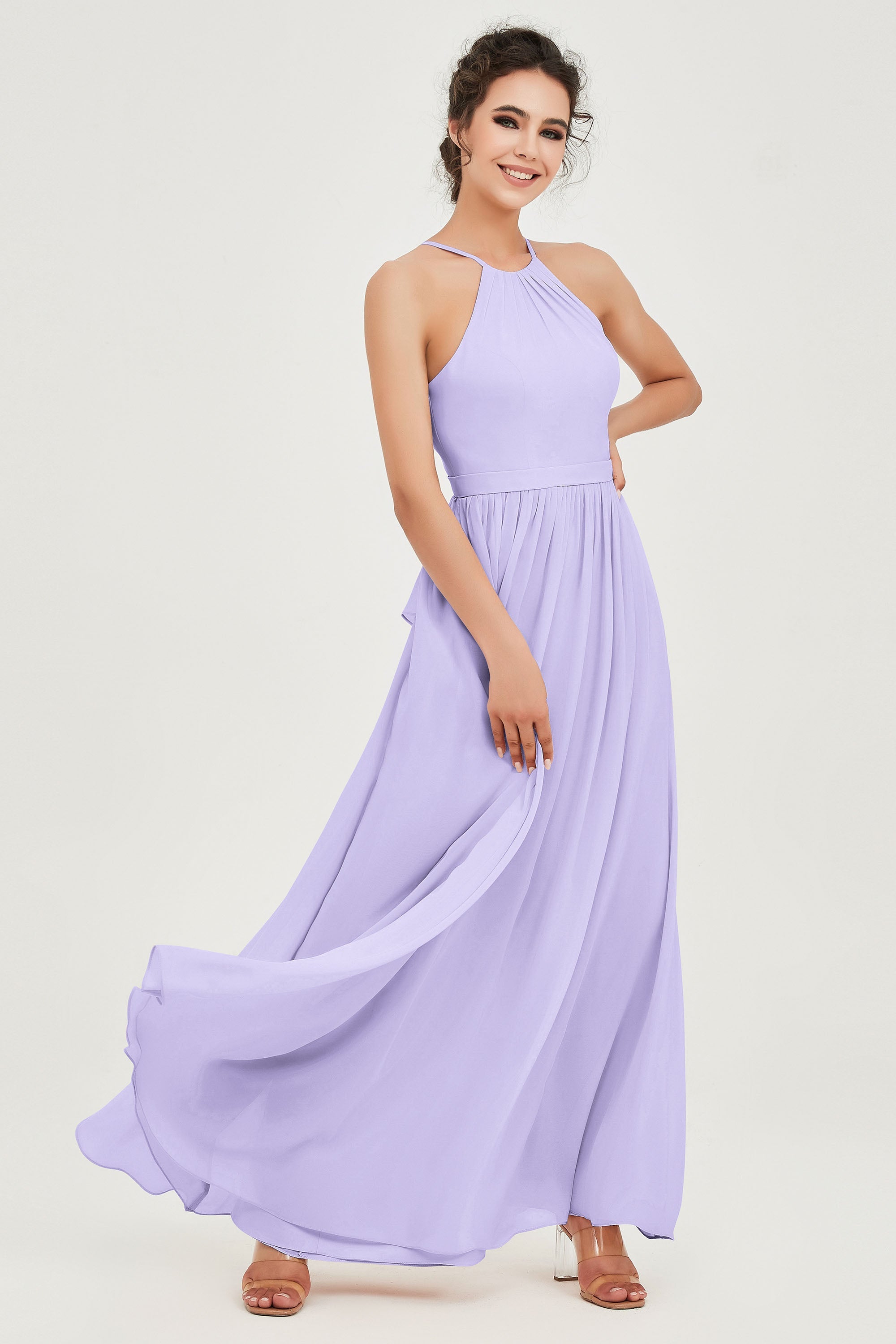 Halter Neck Elegant Bridesmaid Chiffon Dresses Sleeveless Formal Evening Dress Gowns