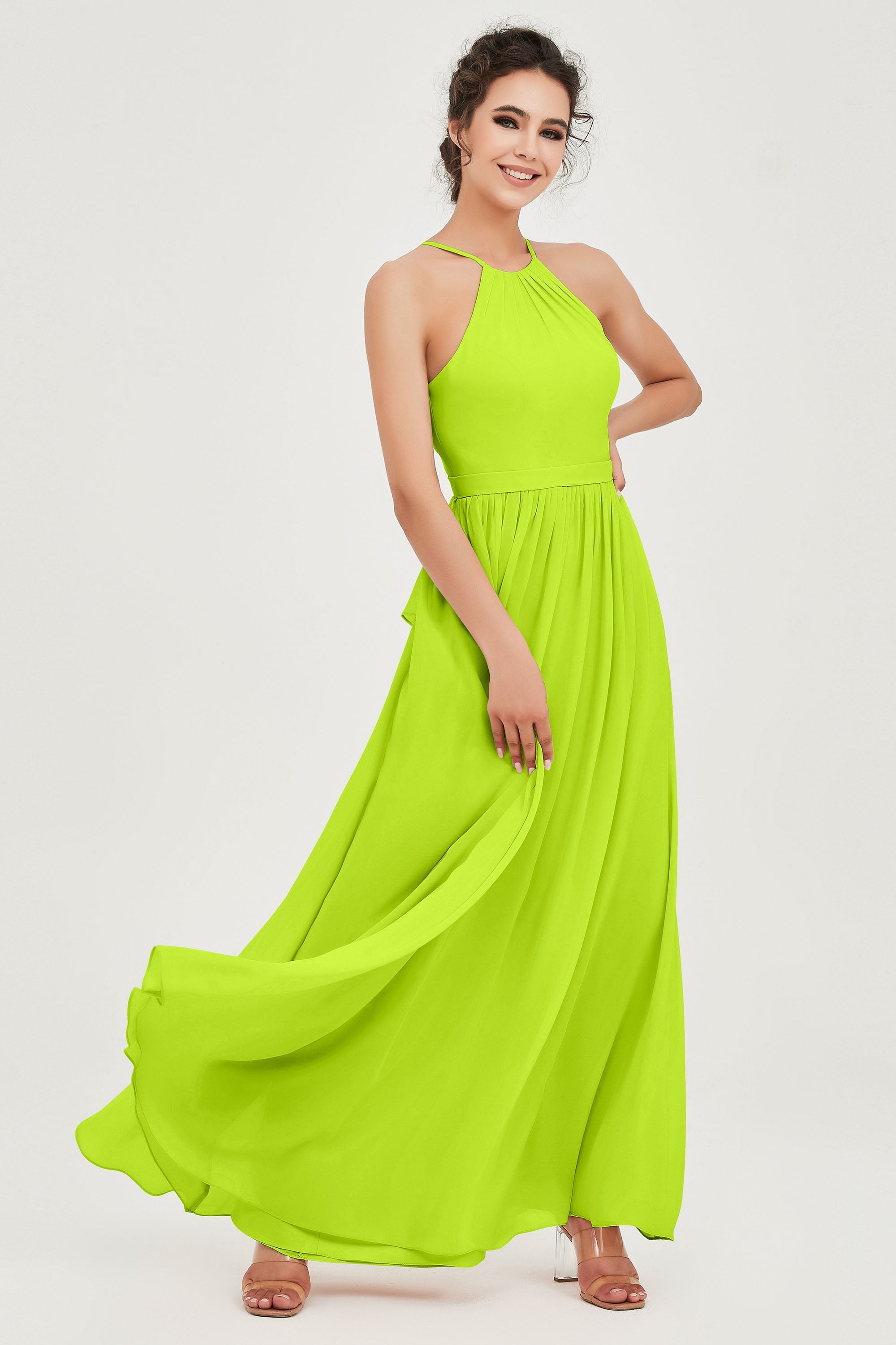 Halter Neck Elegant Bridesmaid Chiffon Dresses Sleeveless Formal Evening Dress Gowns