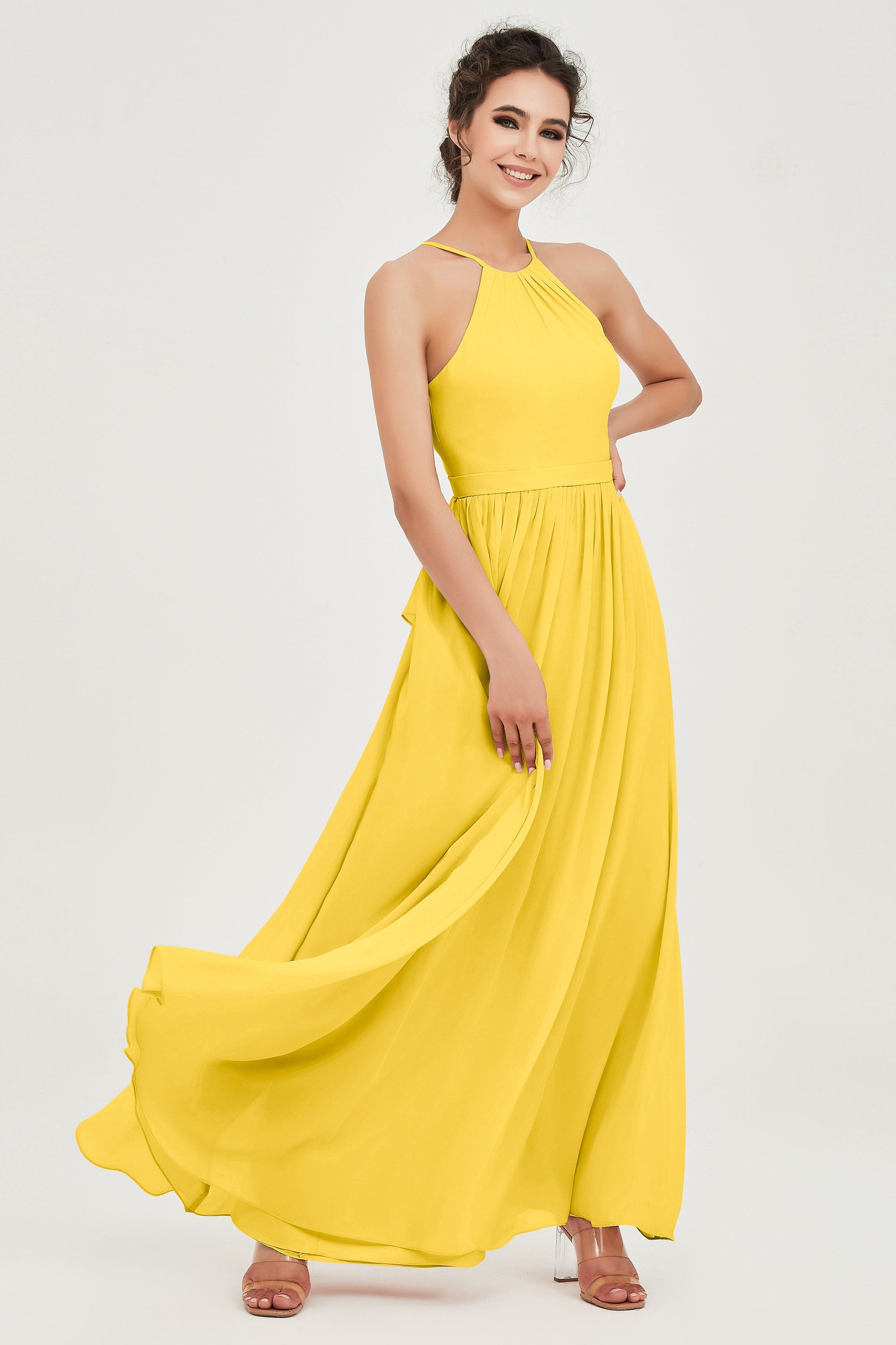 Halter Neck Elegant Bridesmaid Chiffon Dresses Sleeveless Formal Evening Dress Gowns