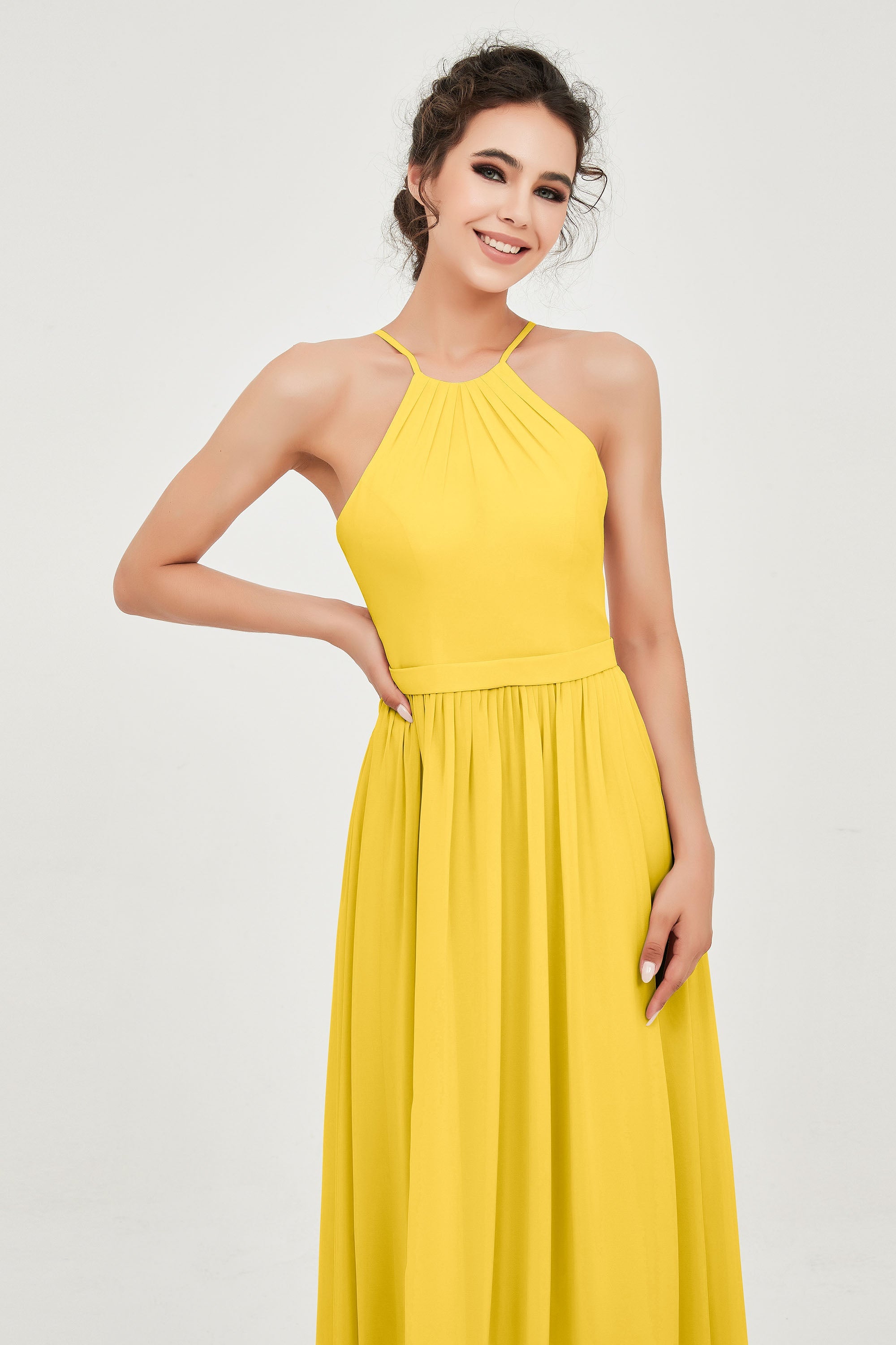 Halter Neck Elegant Bridesmaid Chiffon Dresses Sleeveless Formal Evening Dress Gowns