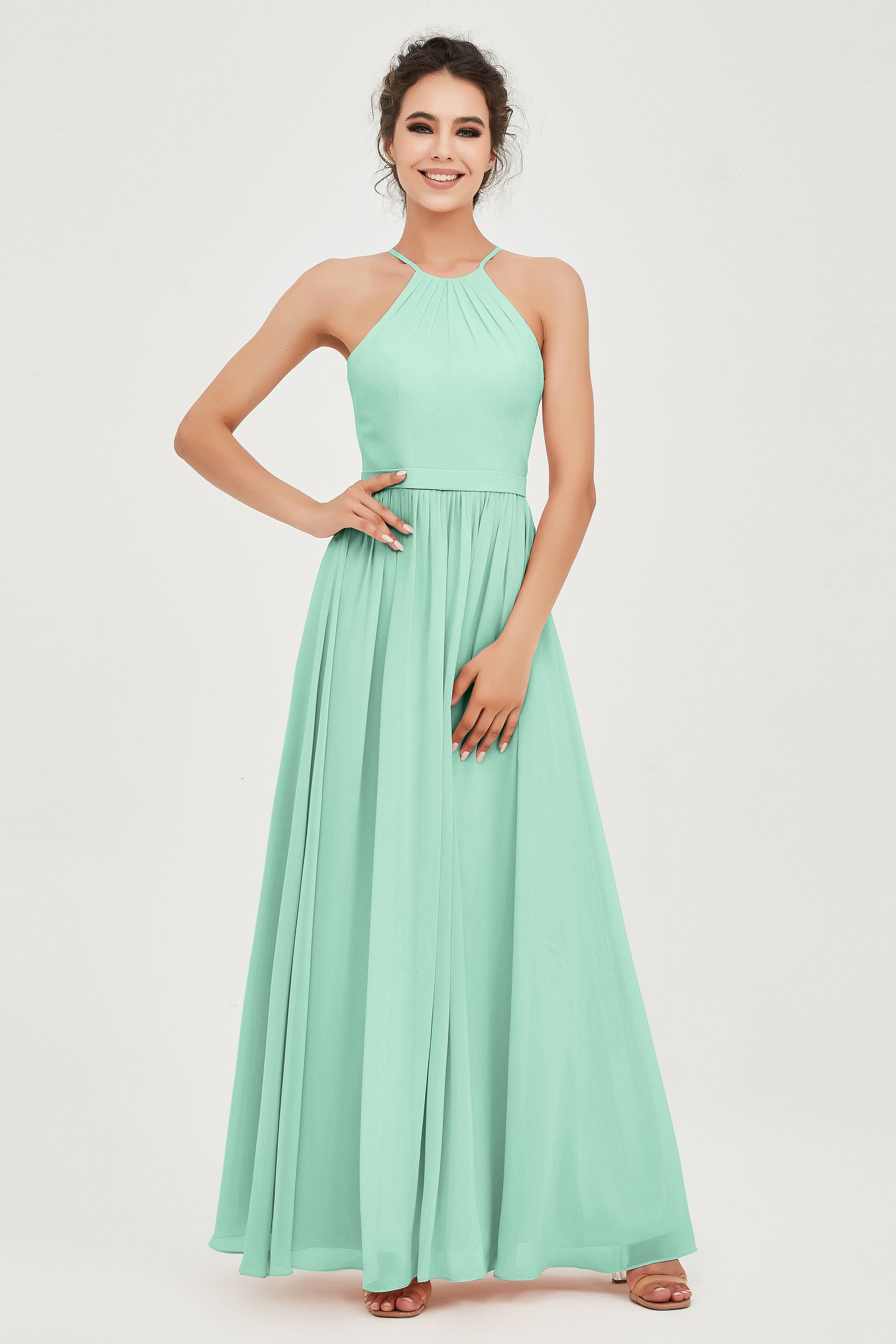Halter Neck Elegant Bridesmaid Chiffon Dresses Sleeveless Formal Evening Dress Gowns