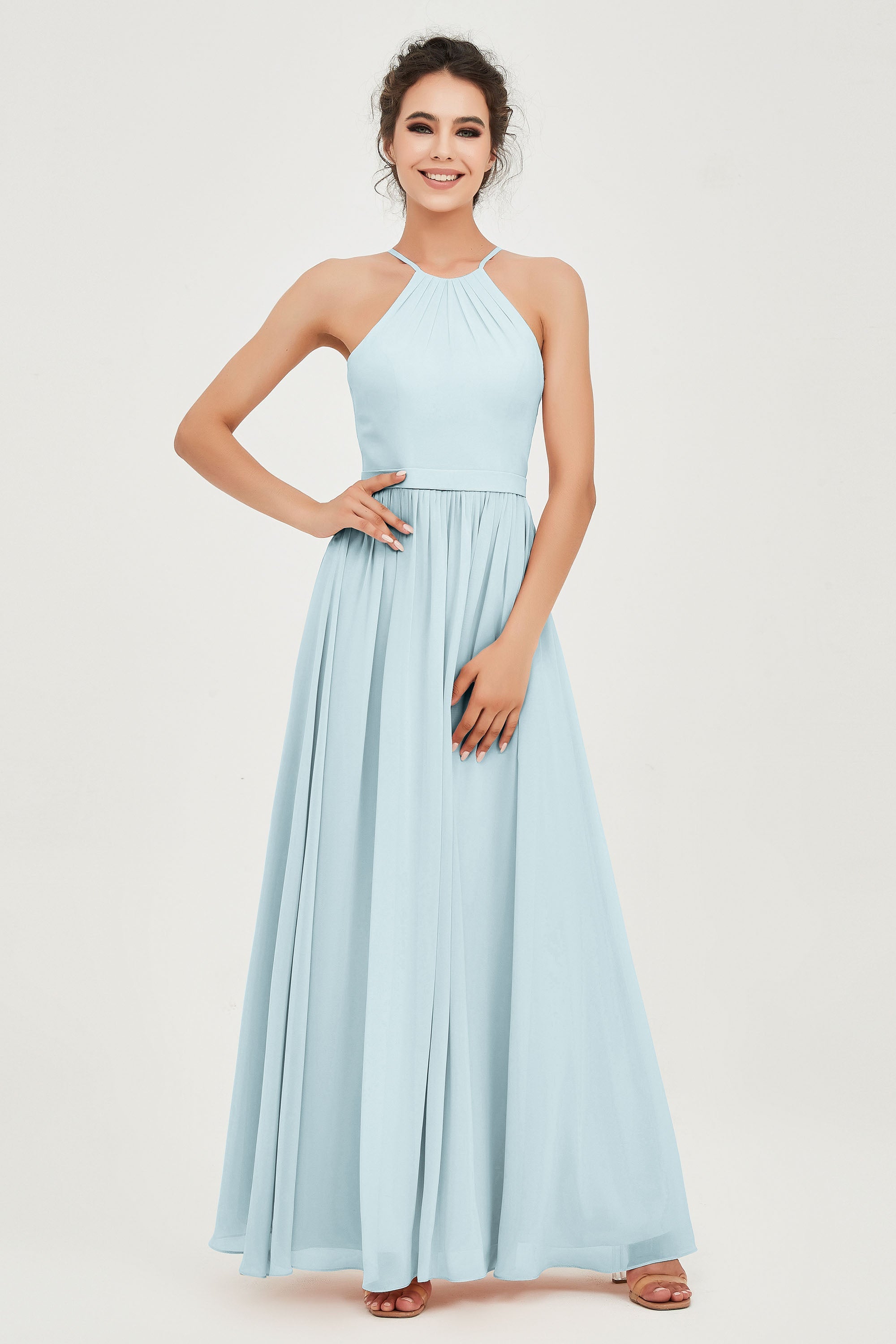 Halter Neck Elegant Bridesmaid Chiffon Dresses Sleeveless Formal Evening Dress Gowns