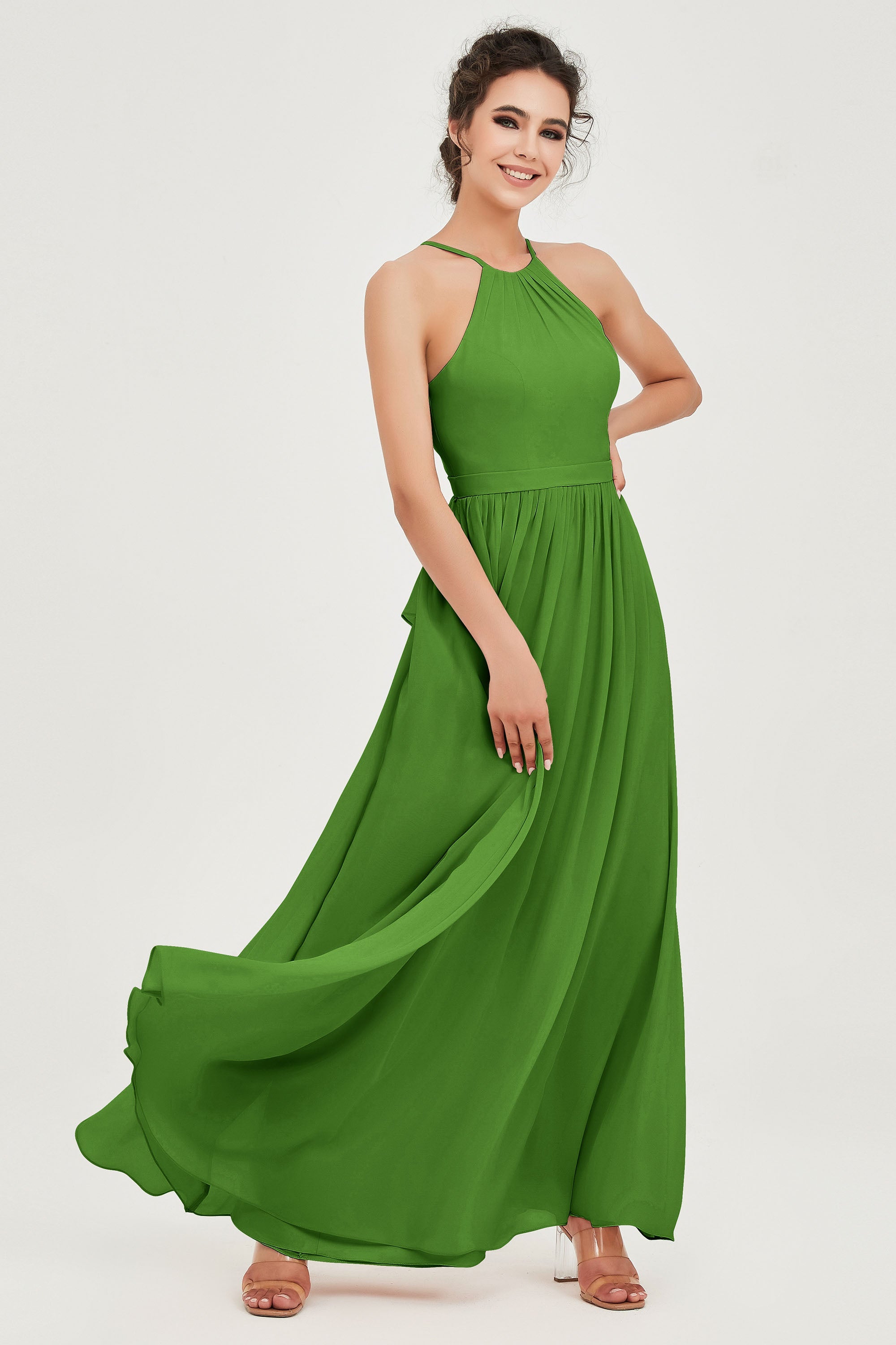 Halter Neck Elegant Bridesmaid Chiffon Dresses Sleeveless Formal Evening Dress Gowns