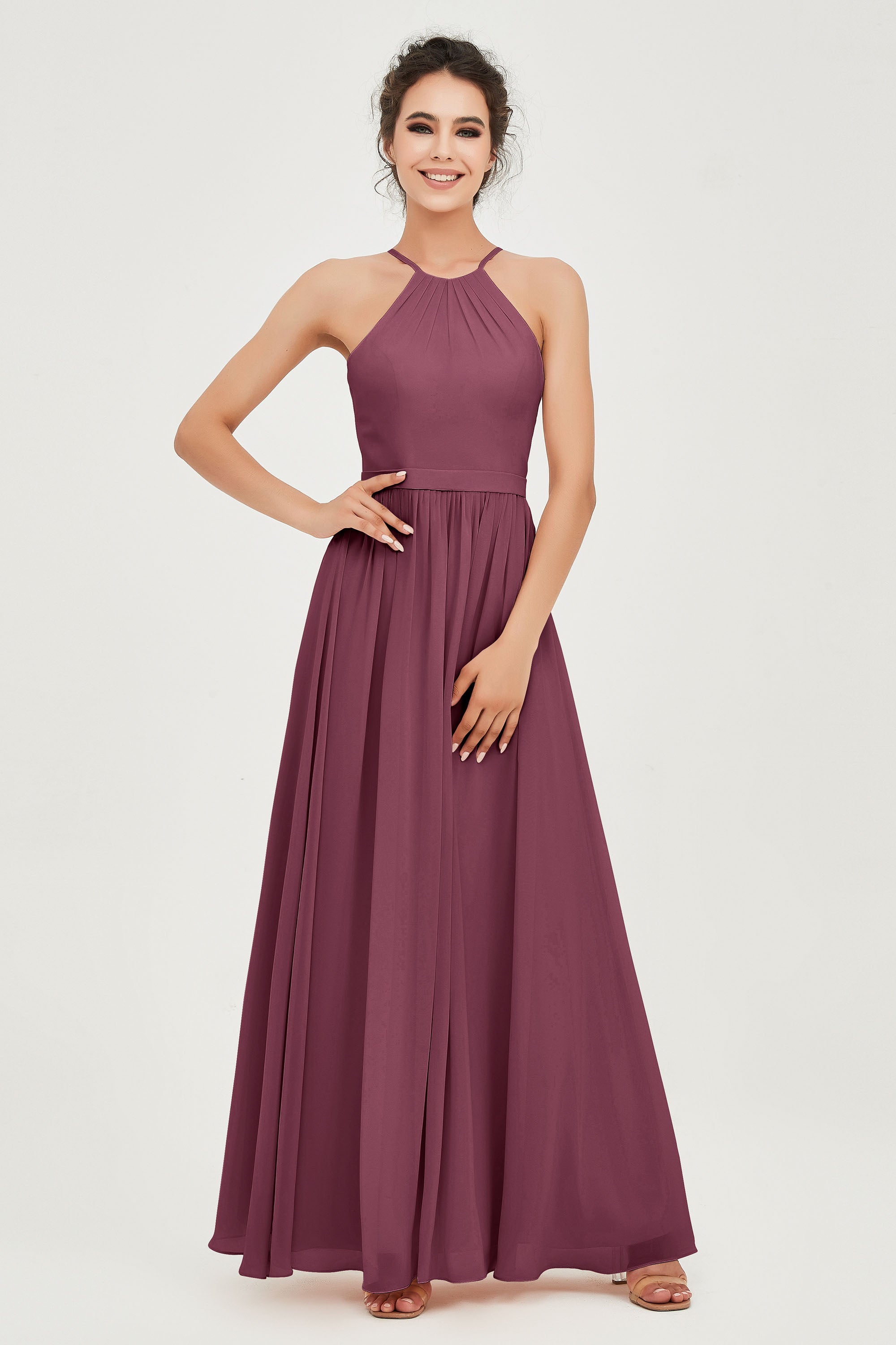 Halter Neck Elegant Bridesmaid Chiffon Dresses Sleeveless Formal Evening Dress Gowns