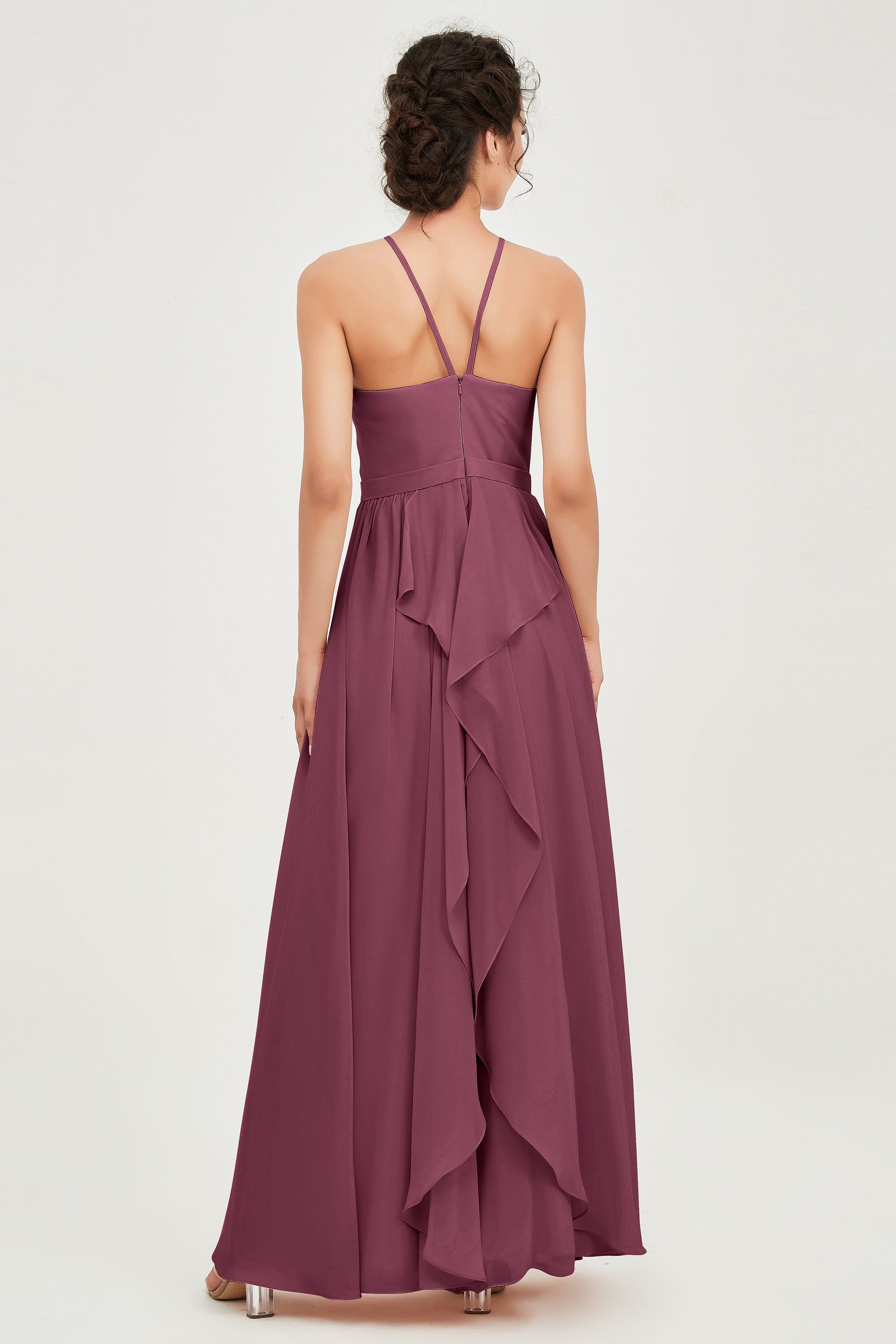 Halter Neck Elegant Bridesmaid Chiffon Dresses Sleeveless Formal Evening Dress Gowns