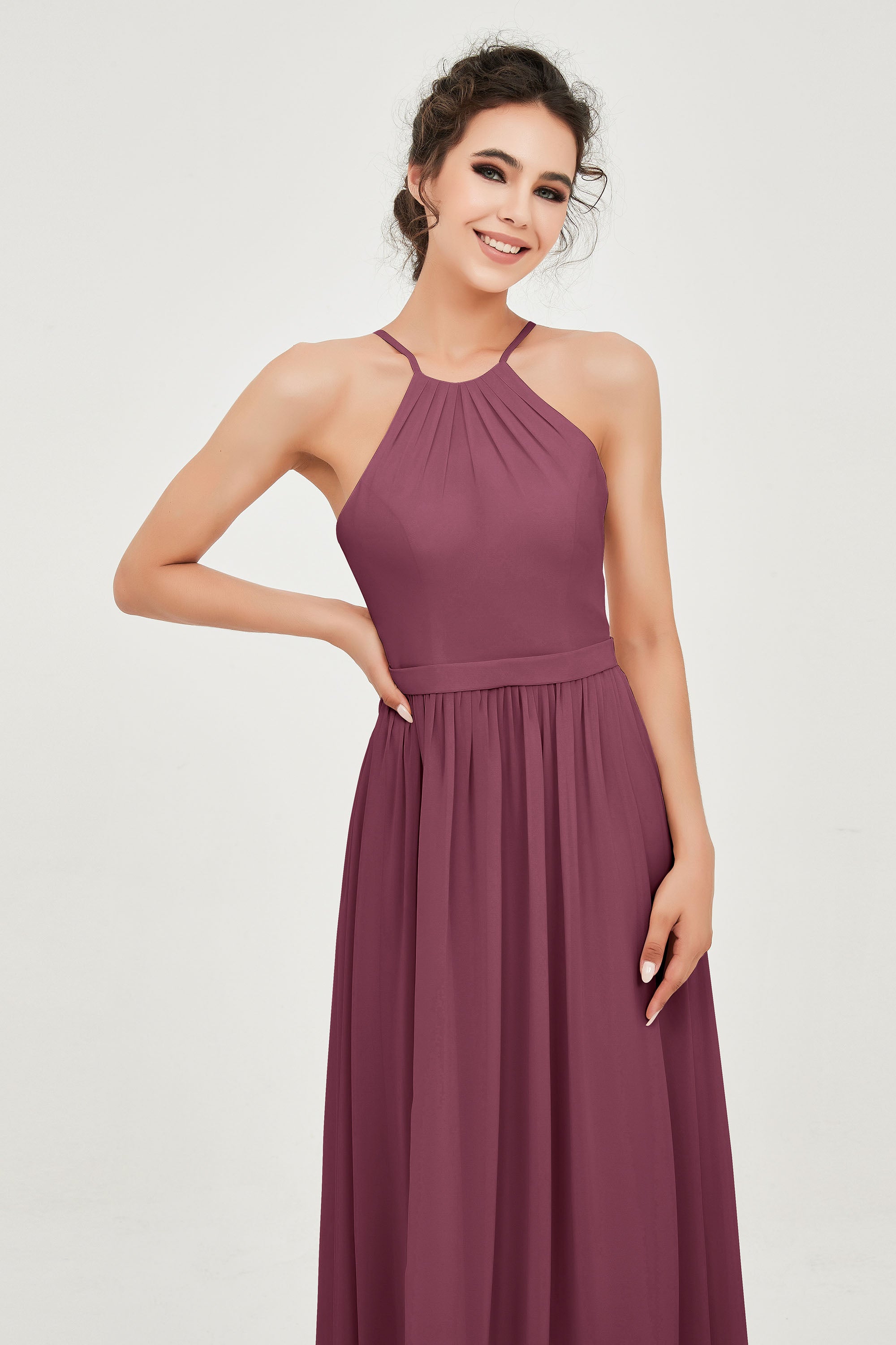 Halter Neck Elegant Bridesmaid Chiffon Dresses Sleeveless Formal Evening Dress Gowns