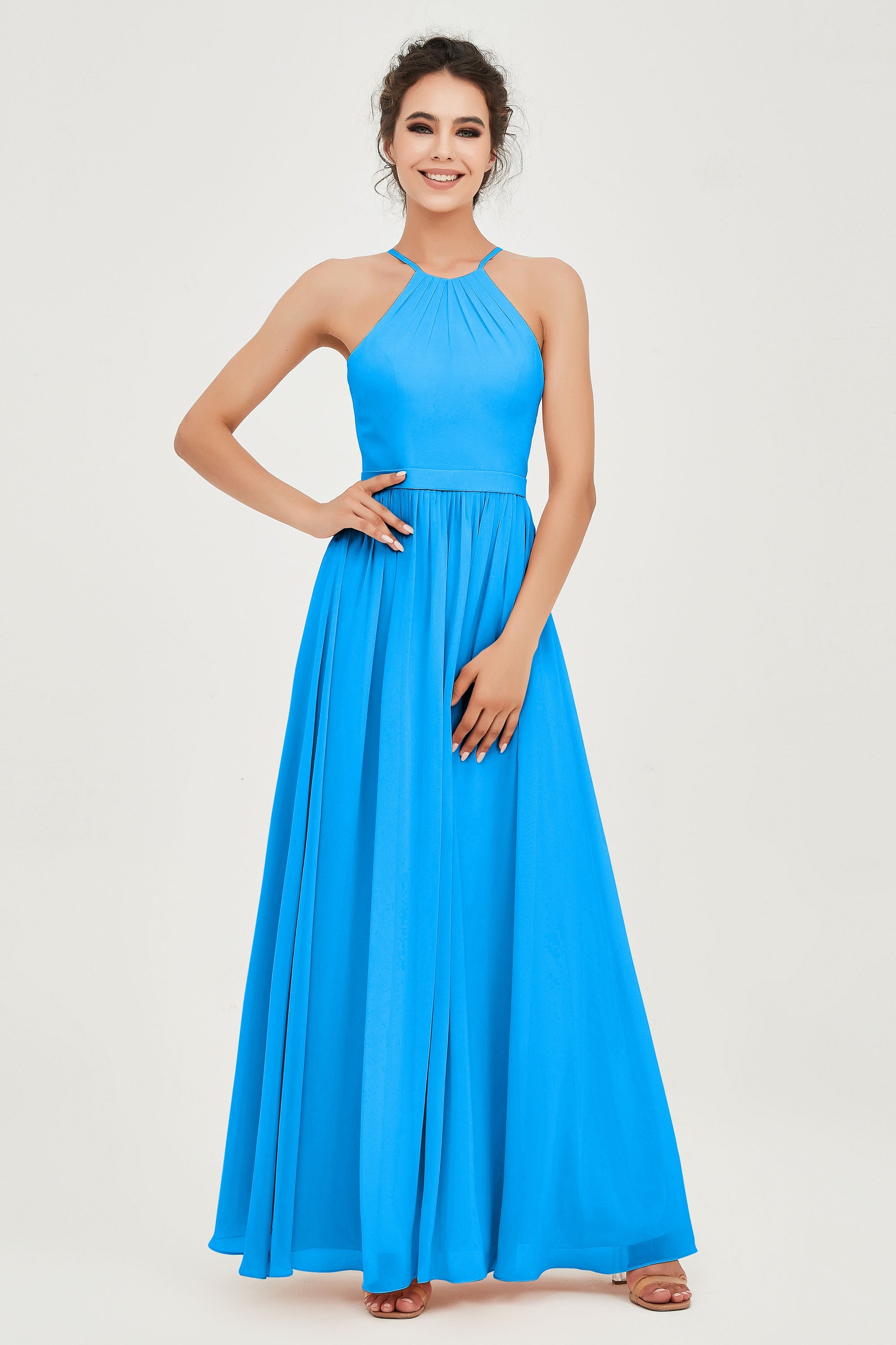 Halter Neck Elegant Bridesmaid Chiffon Dresses Sleeveless Formal Evening Dress Gowns