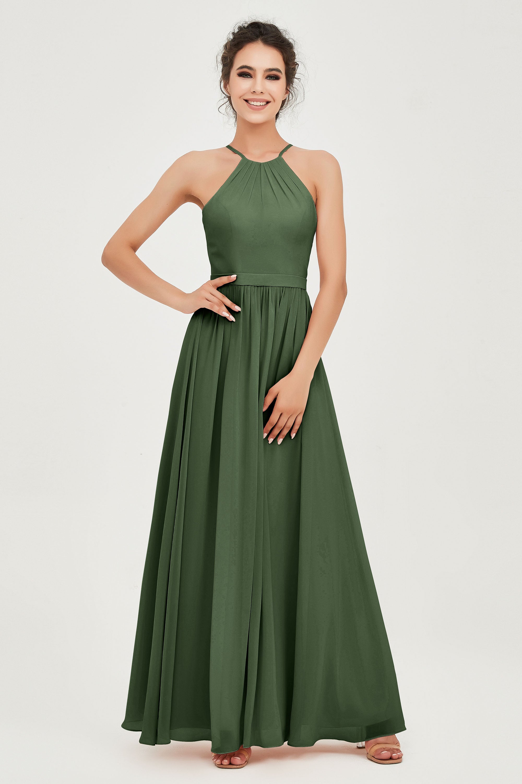 Halter Neck Elegant Bridesmaid Chiffon Dresses Sleeveless Formal Evening Dress Gowns