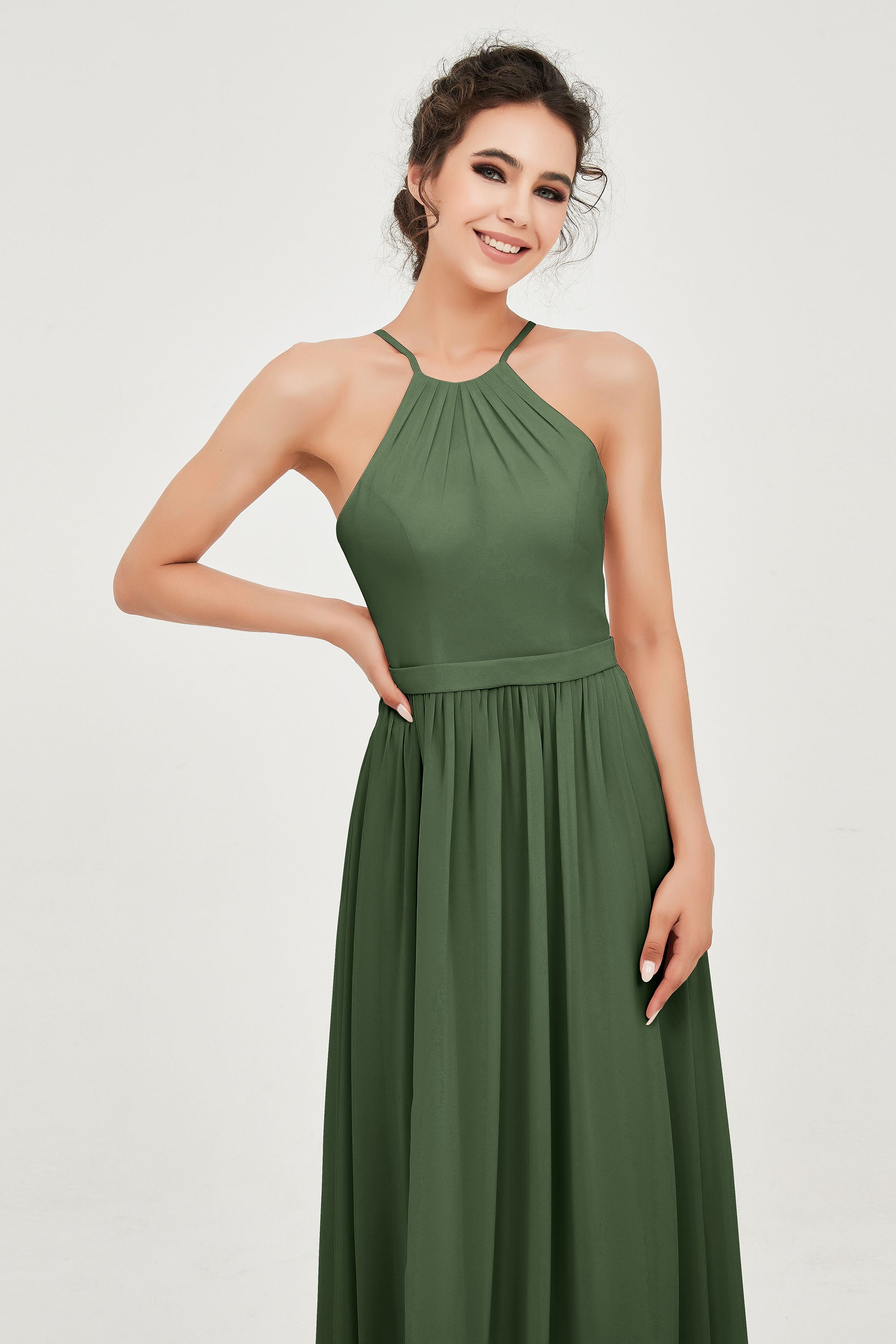 Halter Neck Elegant Bridesmaid Chiffon Dresses Sleeveless Formal Evening Dress Gowns