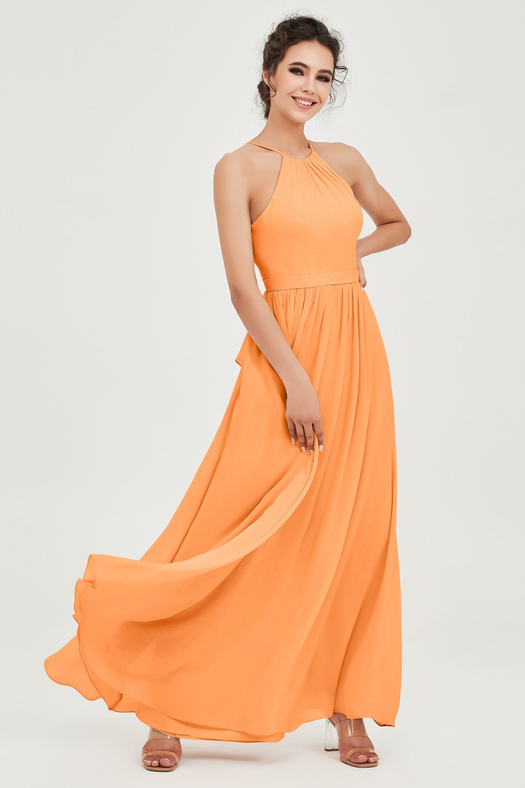 Halter Neck Elegant Bridesmaid Chiffon Dresses Sleeveless Formal Evening Dress Gowns