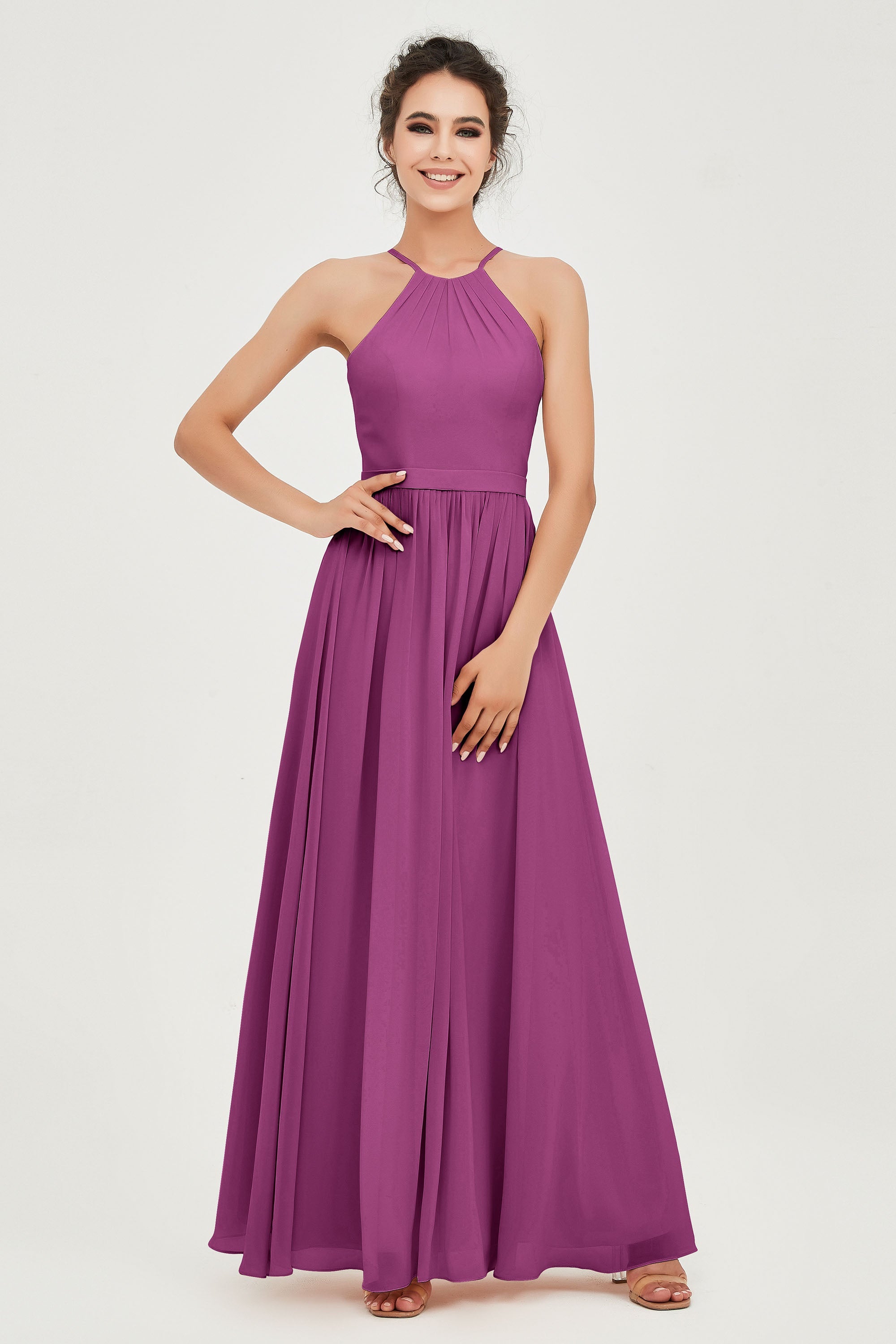 Halter Neck Elegant Bridesmaid Chiffon Dresses Sleeveless Formal Evening Dress Gowns