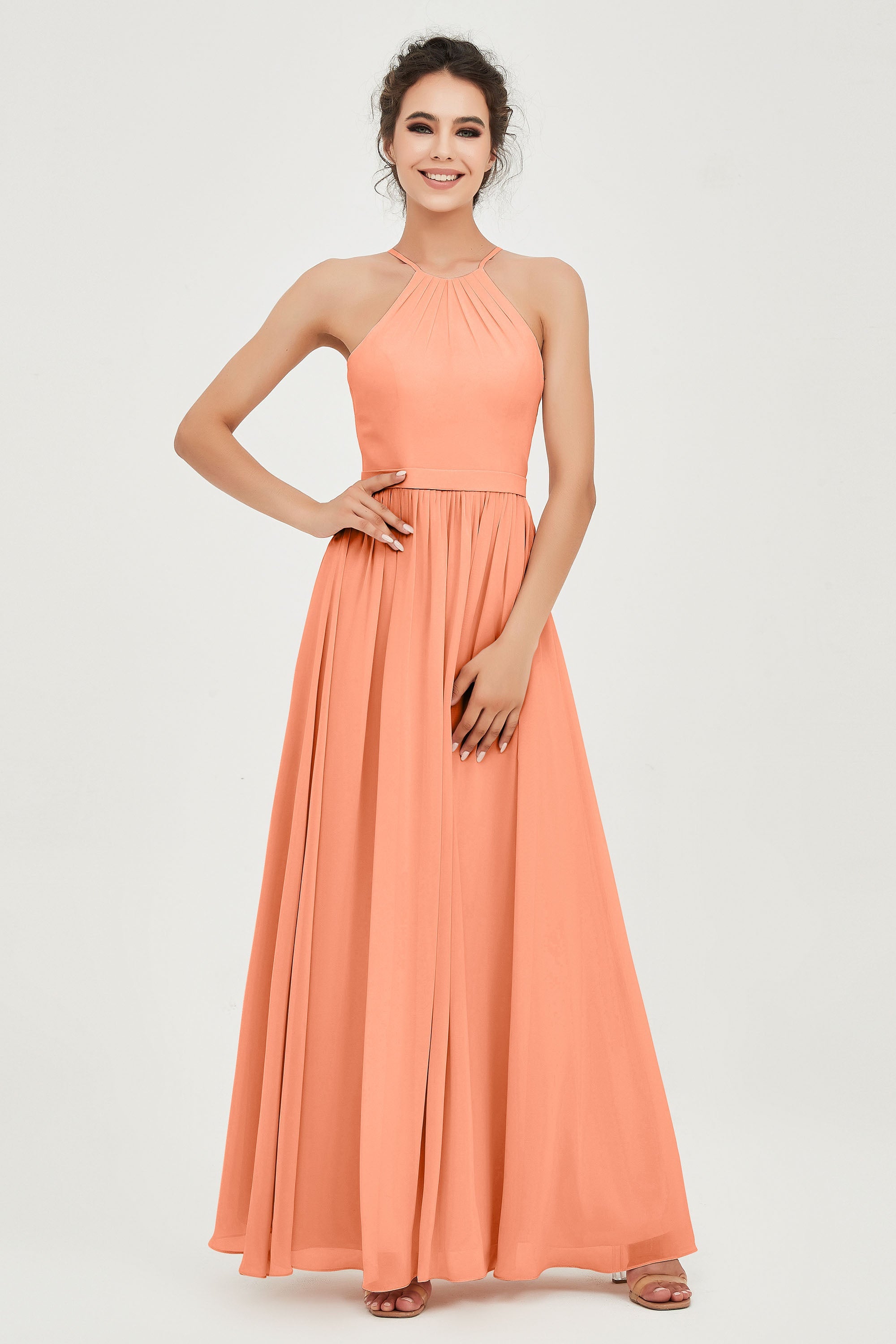 Halter Neck Elegant Bridesmaid Chiffon Dresses Sleeveless Formal Evening Dress Gowns