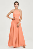 Halter Neck Elegant Bridesmaid Chiffon Dresses Sleeveless Formal Evening Dress Gowns