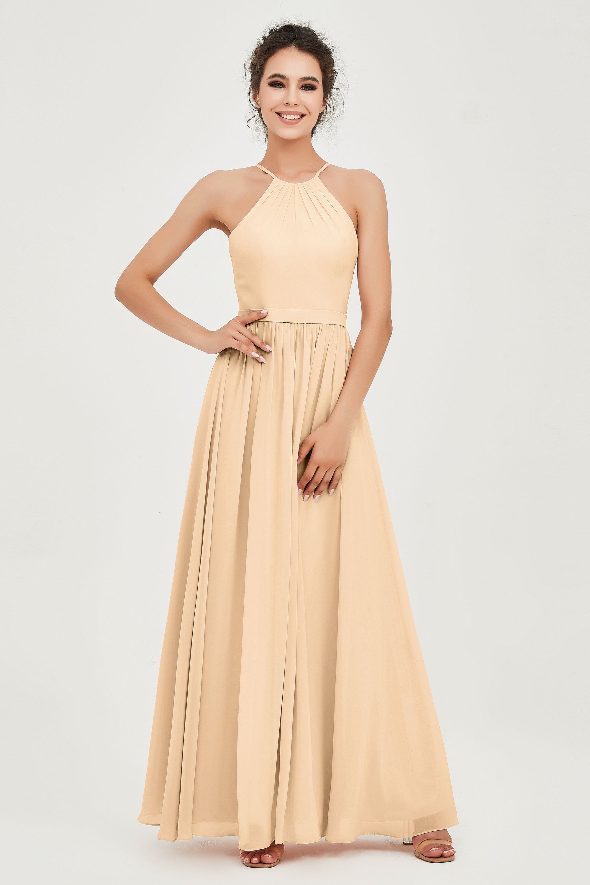 Halter Neck Elegant Bridesmaid Chiffon Dresses Sleeveless Formal Evening Dress Gowns