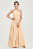 Halter Neck Elegant Bridesmaid Chiffon Dresses Sleeveless Formal Evening Dress Gowns