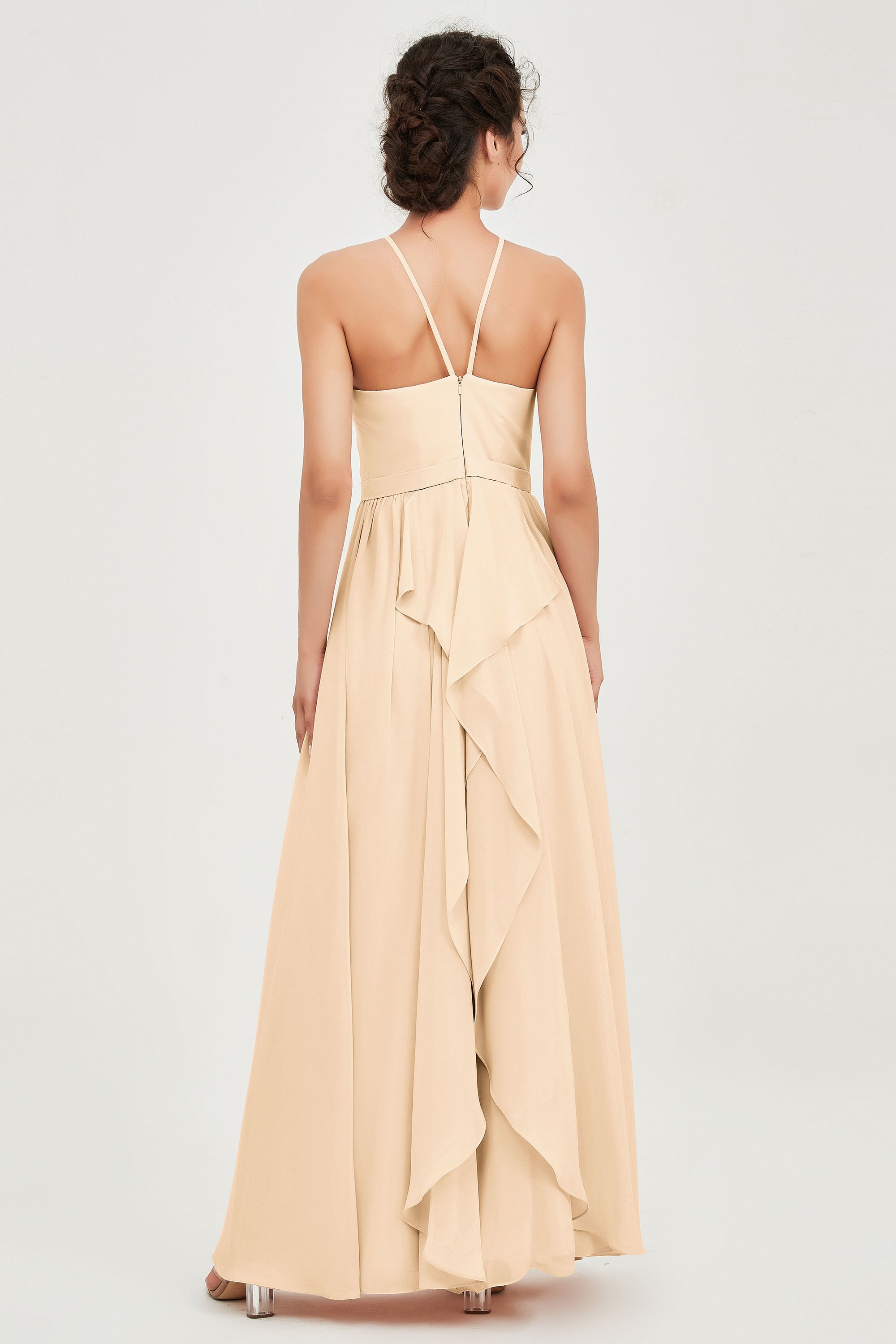 Halter Neck Elegant Bridesmaid Chiffon Dresses Sleeveless Formal Evening Dress Gowns
