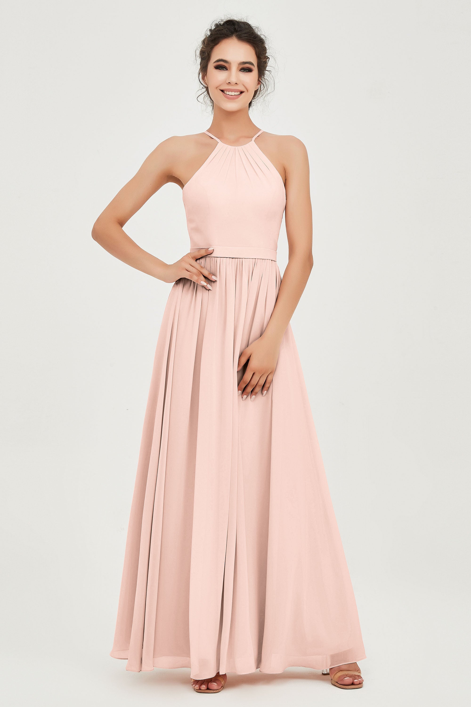 Halter Neck Elegant Bridesmaid Chiffon Dresses Sleeveless Formal Evening Dress Gowns