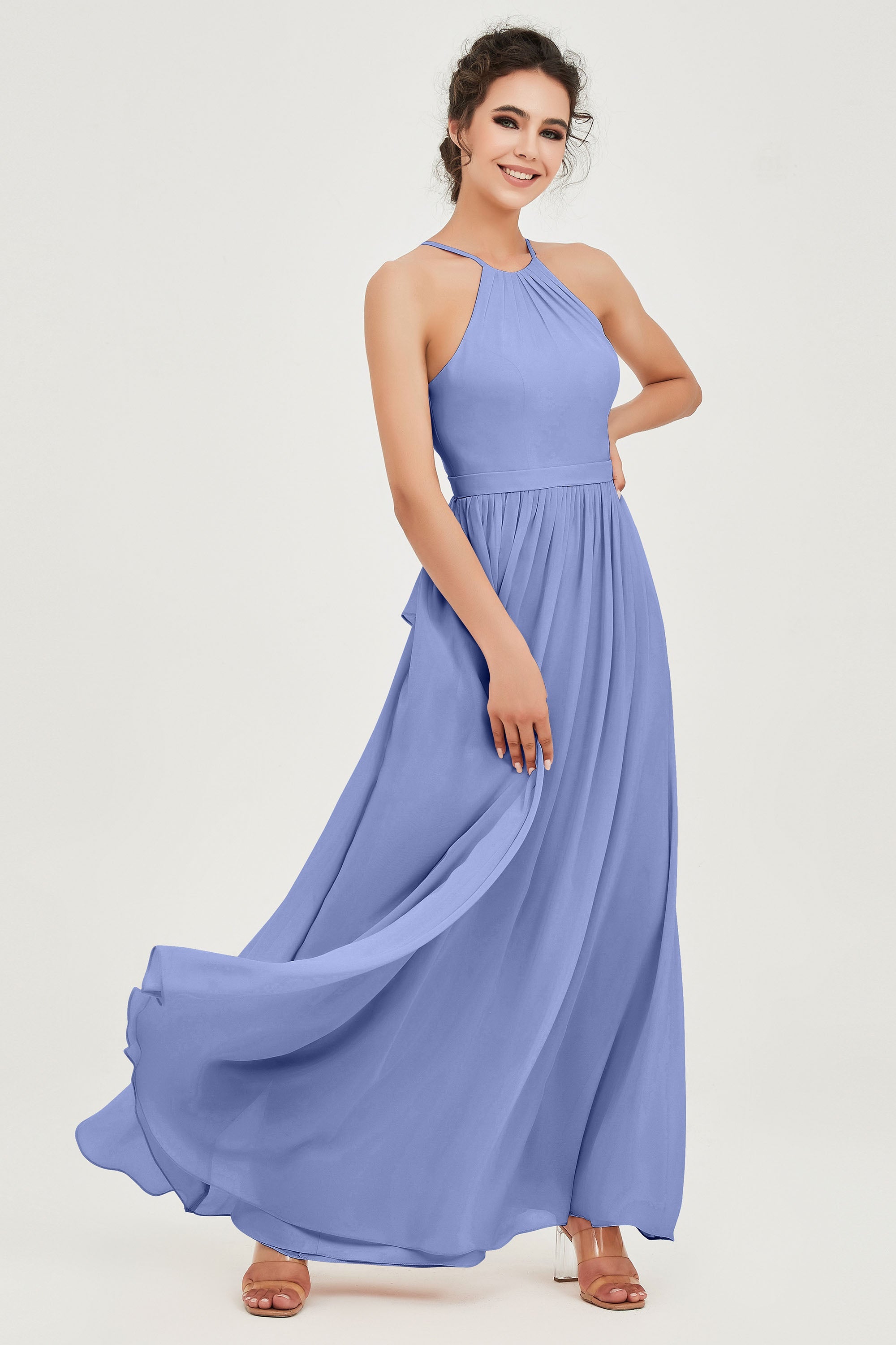 Halter Neck Elegant Bridesmaid Chiffon Dresses Sleeveless Formal Evening Dress Gowns