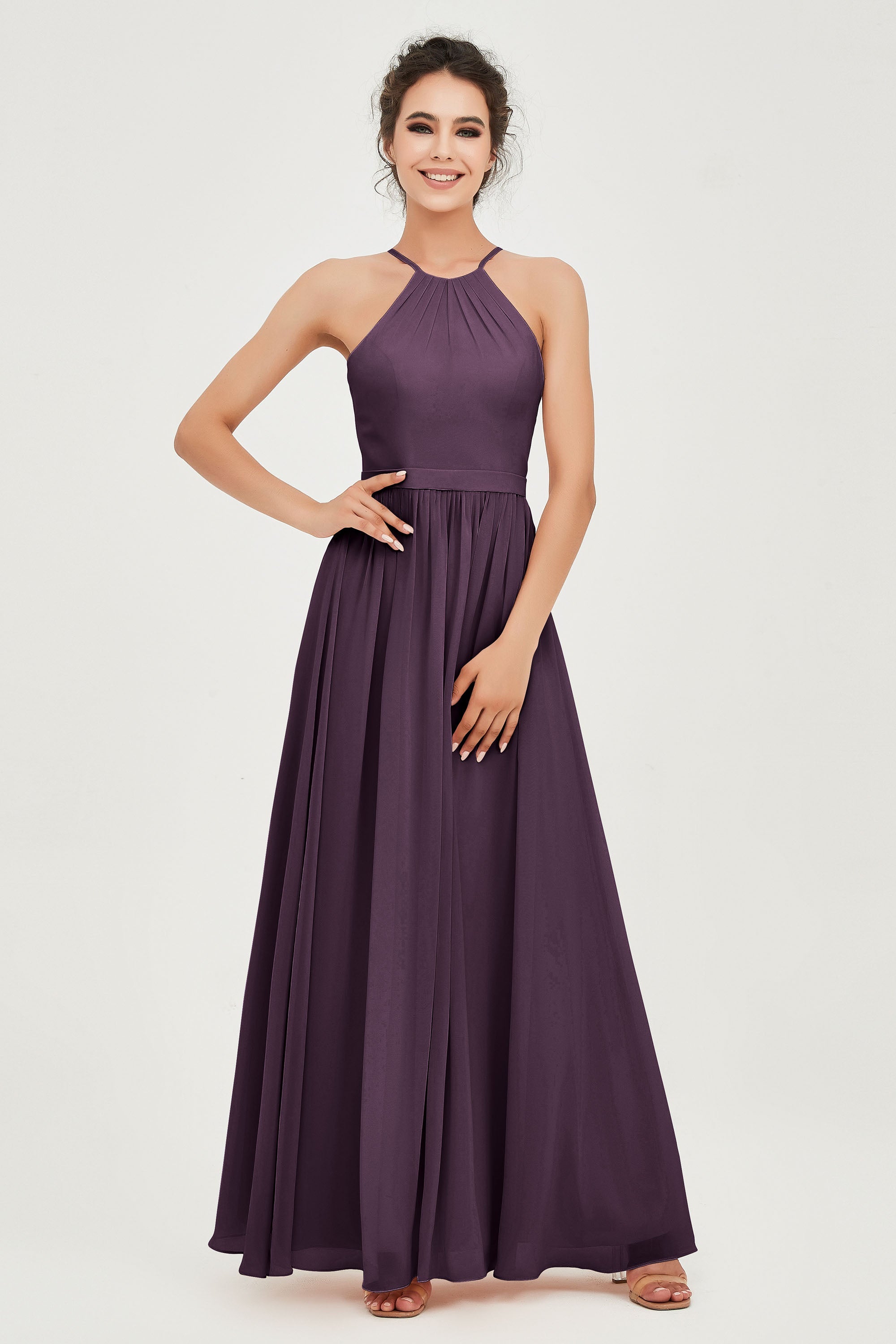 Halter Neck Elegant Bridesmaid Chiffon Dresses Sleeveless Formal Evening Dress Gowns