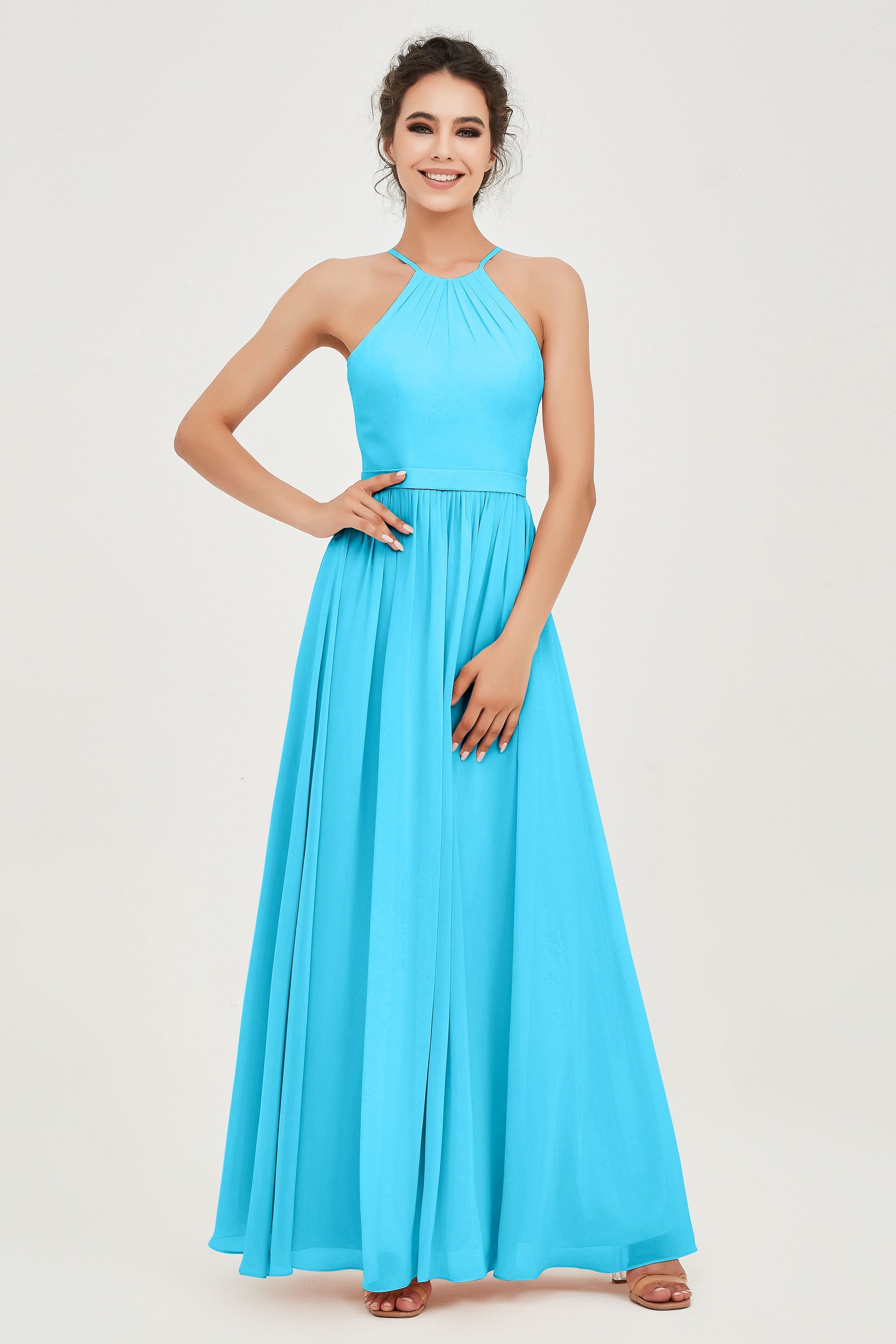 Halter Neck Elegant Bridesmaid Chiffon Dresses Sleeveless Formal Evening Dress Gowns